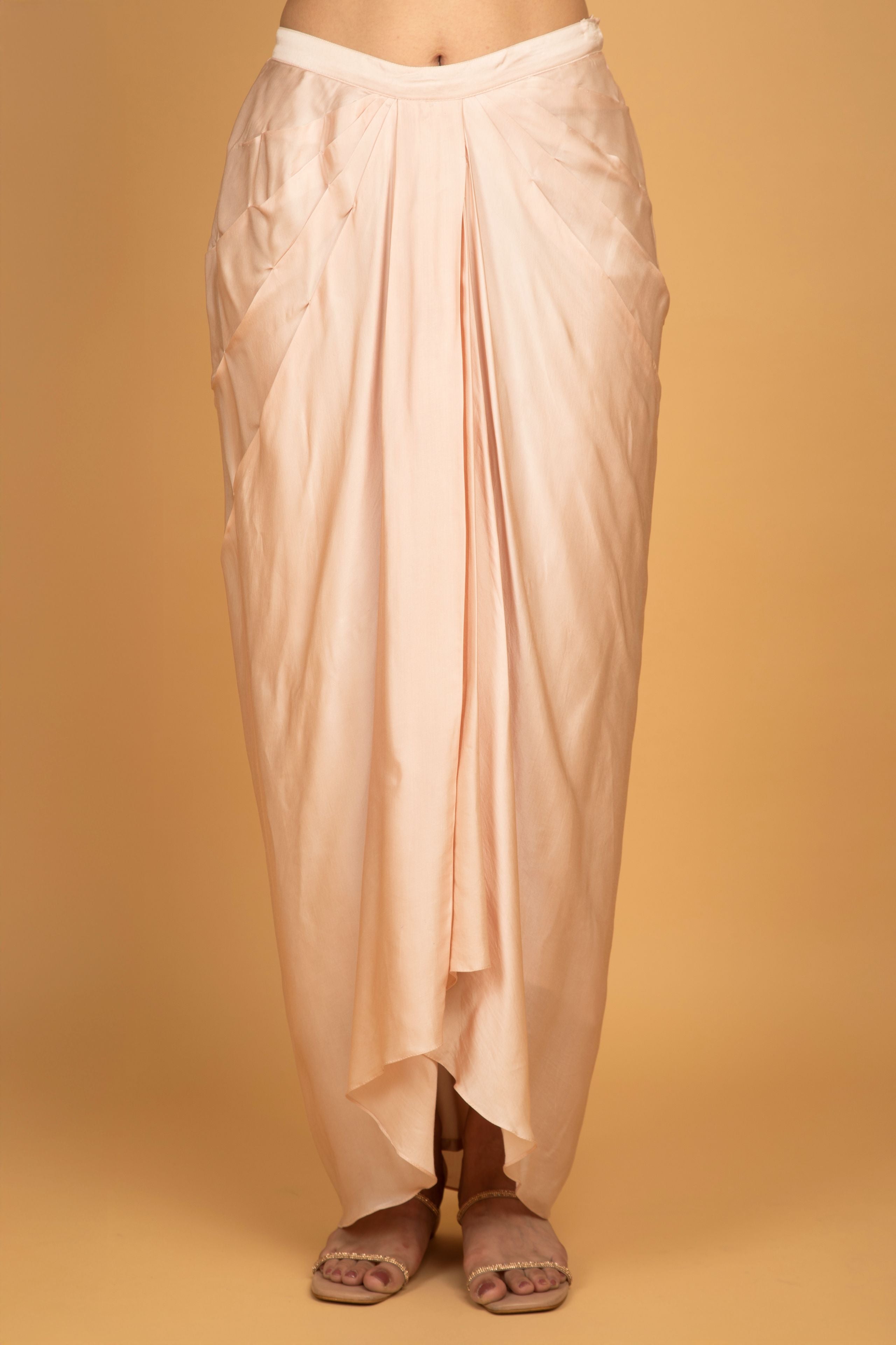 Nude Pink Printed Embroidered High Low Top W/Drape Skirt