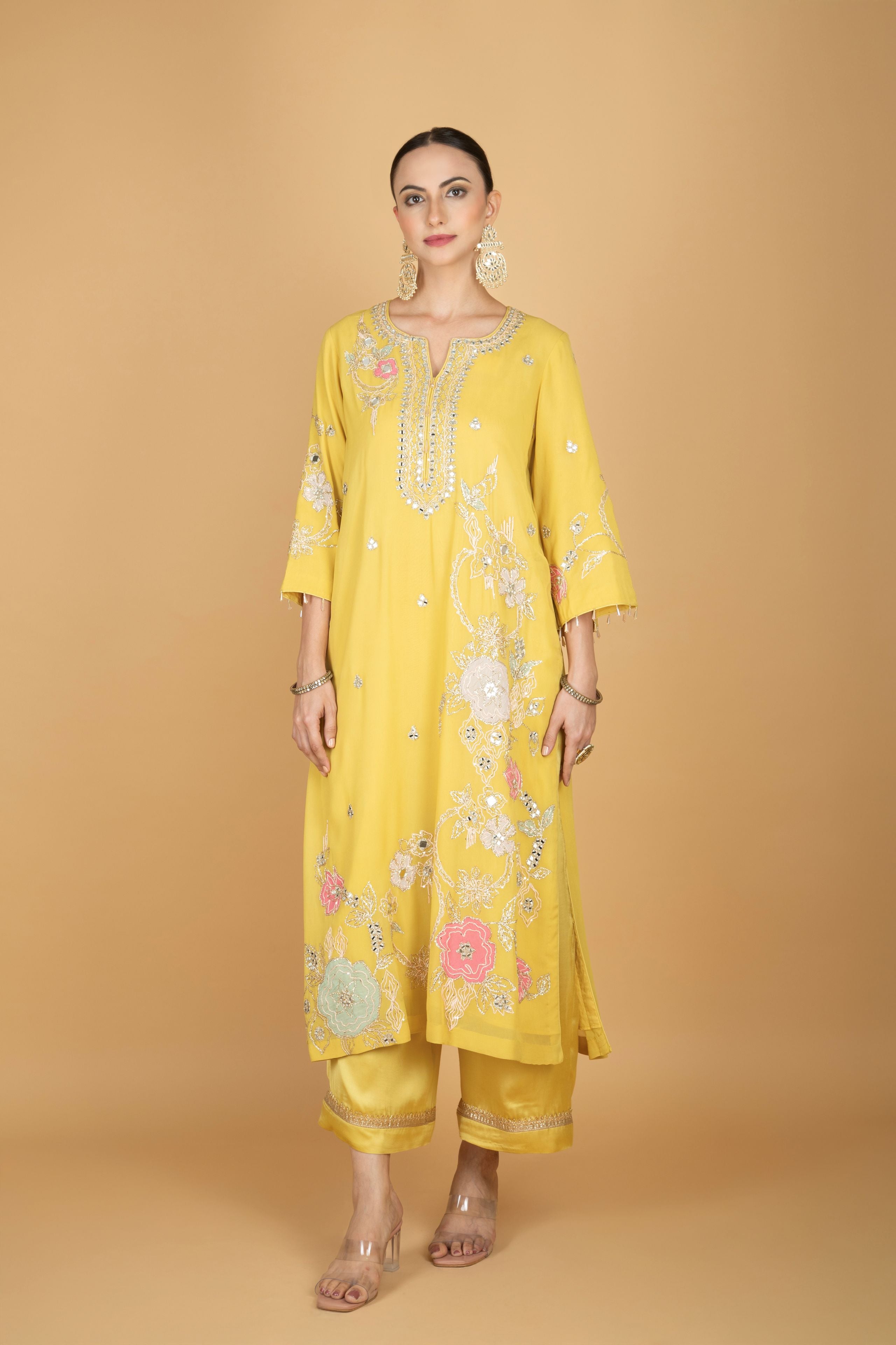 Lime Yellow Embroidered Kurta W/Pant & Dupatta