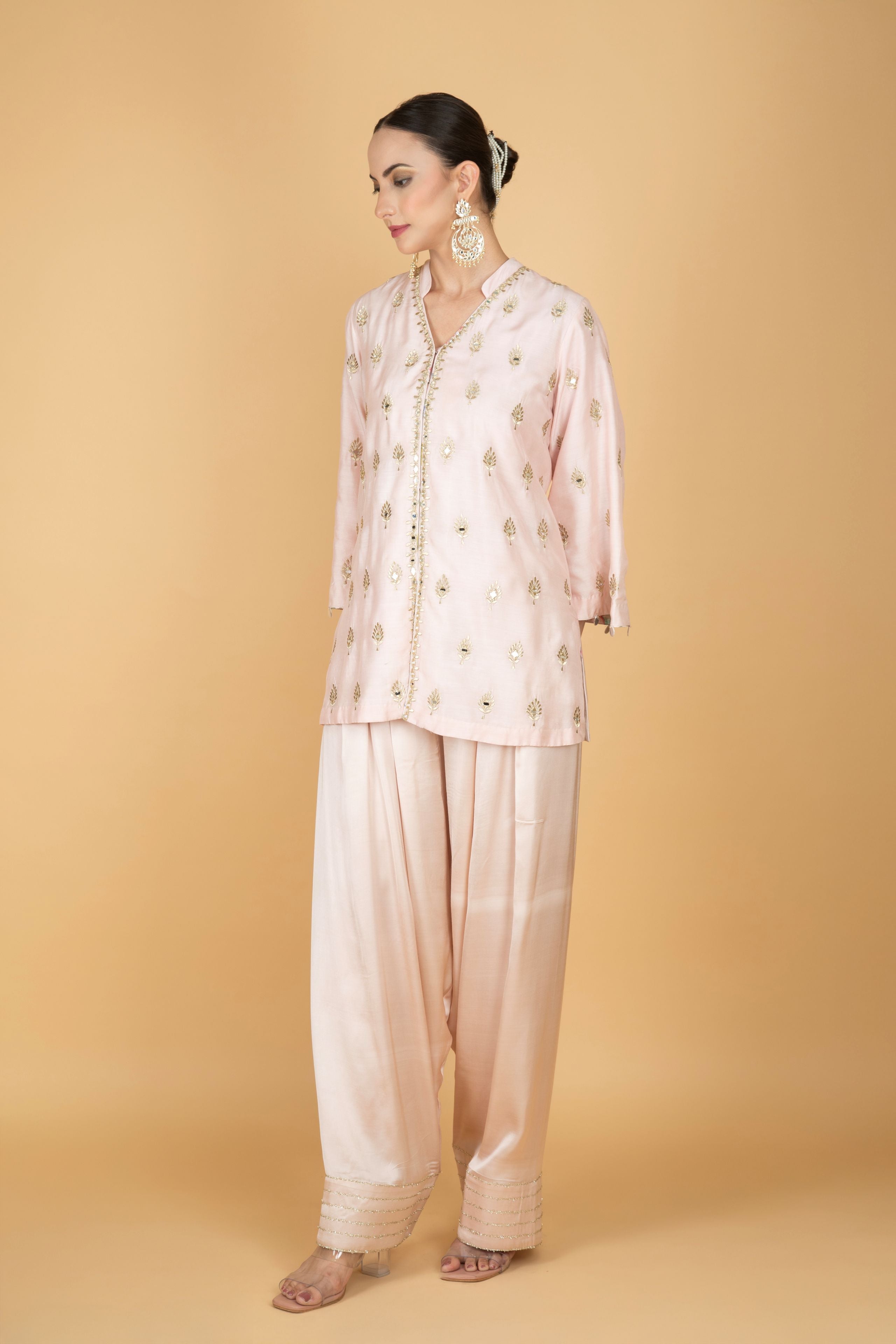 Nude Pink Mirror Butti Embroidered Short Kurta with Farsi Salwar & Printed Dupatta
