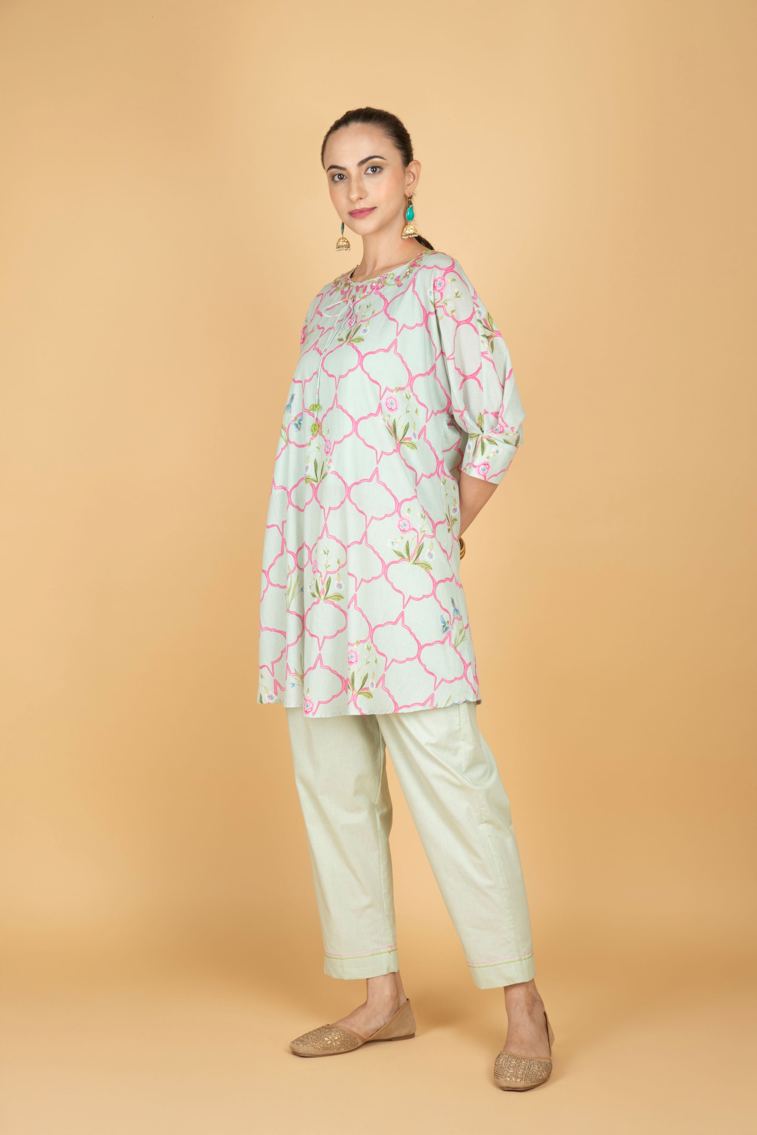 Green Embroidered Floral Print Short Kurta with Solid Pants
