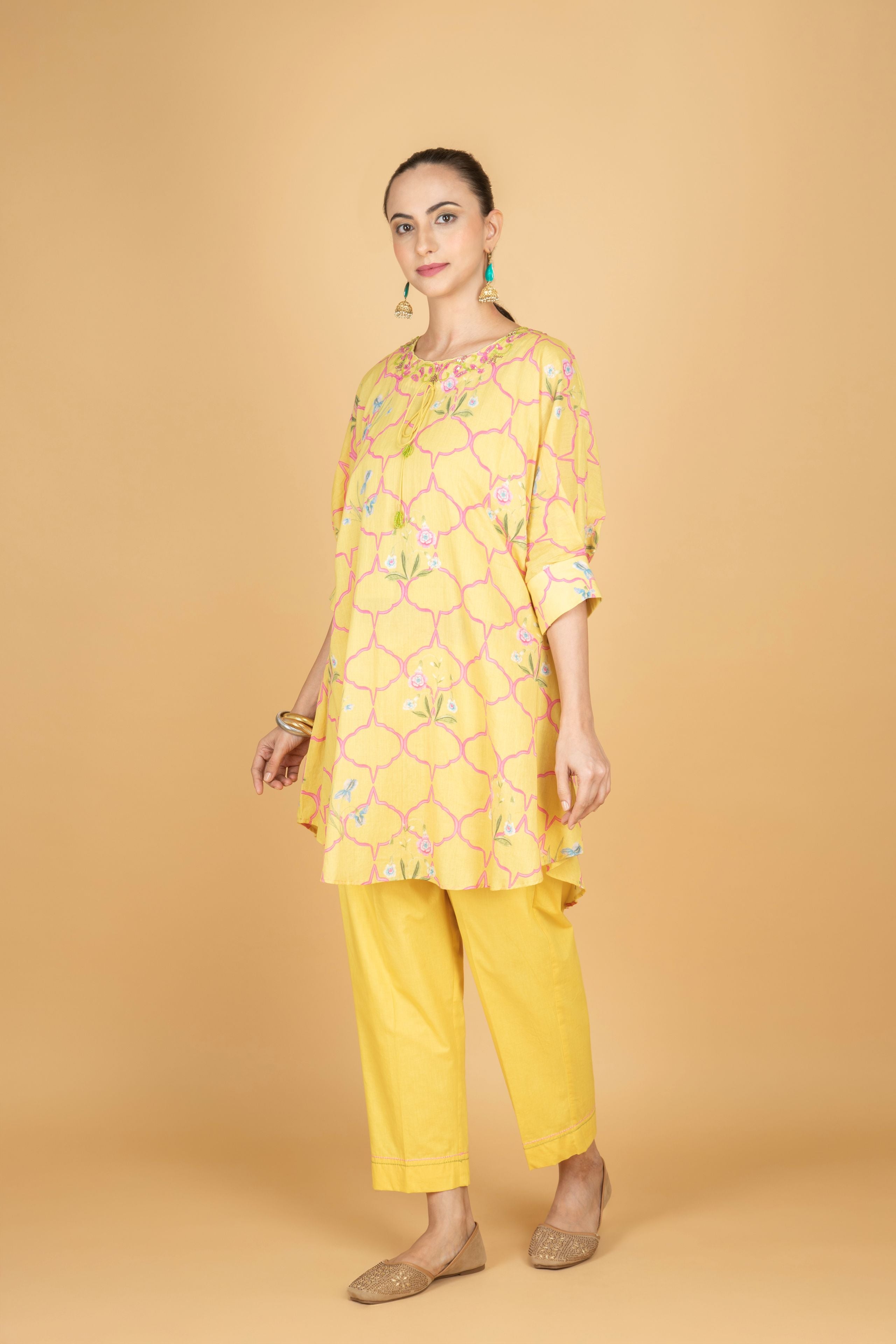 Lemon Yellow Embroidered Floral Print Short Kurta with Solid Pants