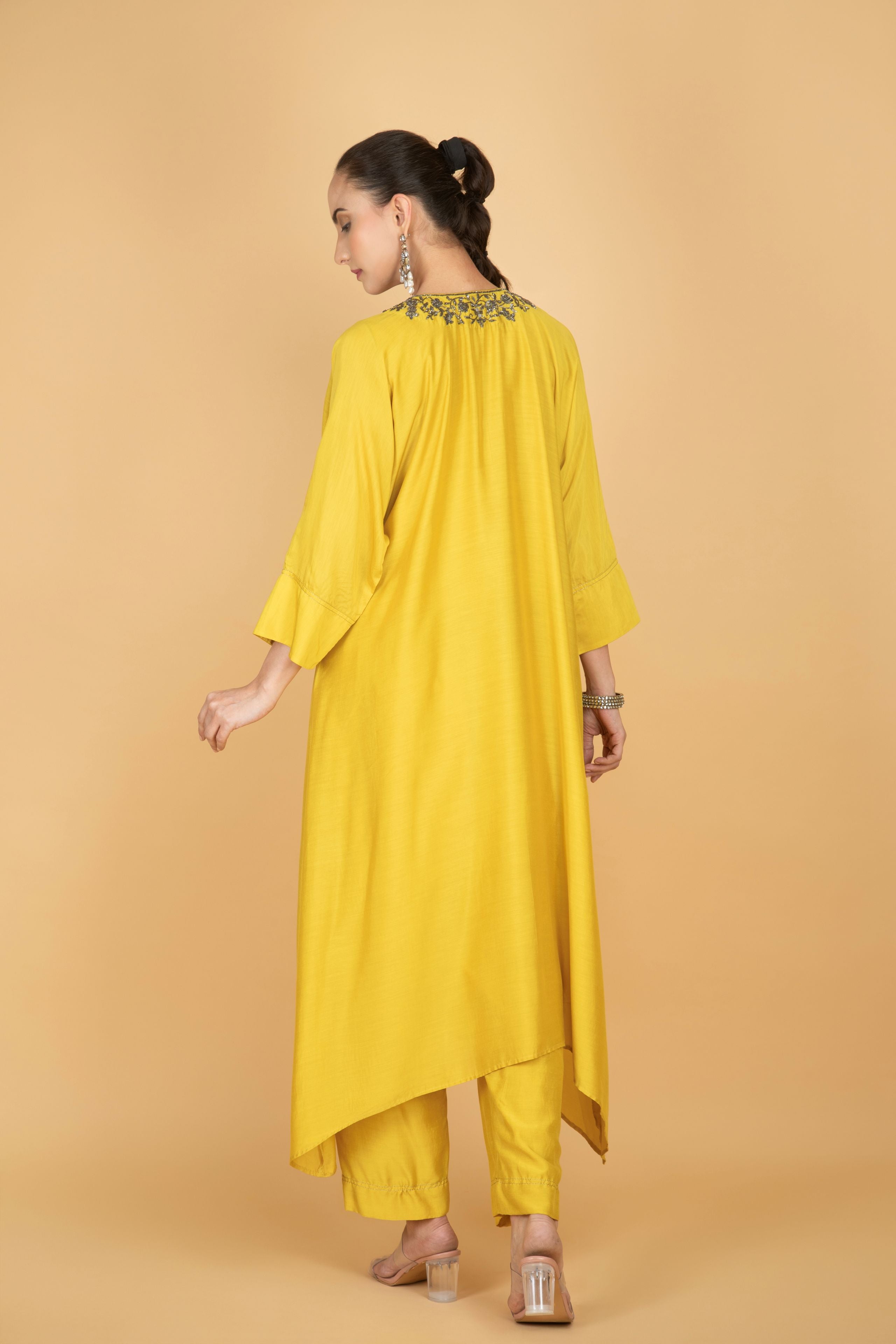 Lime Yellow Hand Embroidered Kaftaan Kurta W/Pants