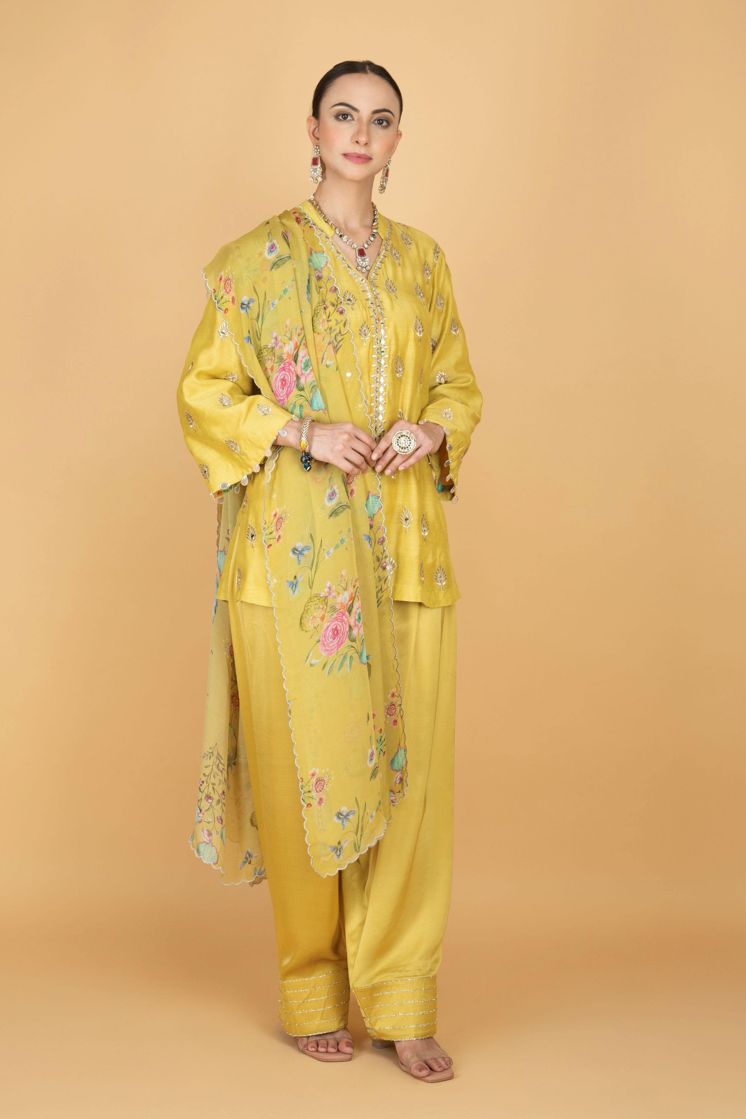 Lime Yellow Mirror Butti Embroidered Short Kurta with Farsi Salwar & Printed Dupatta