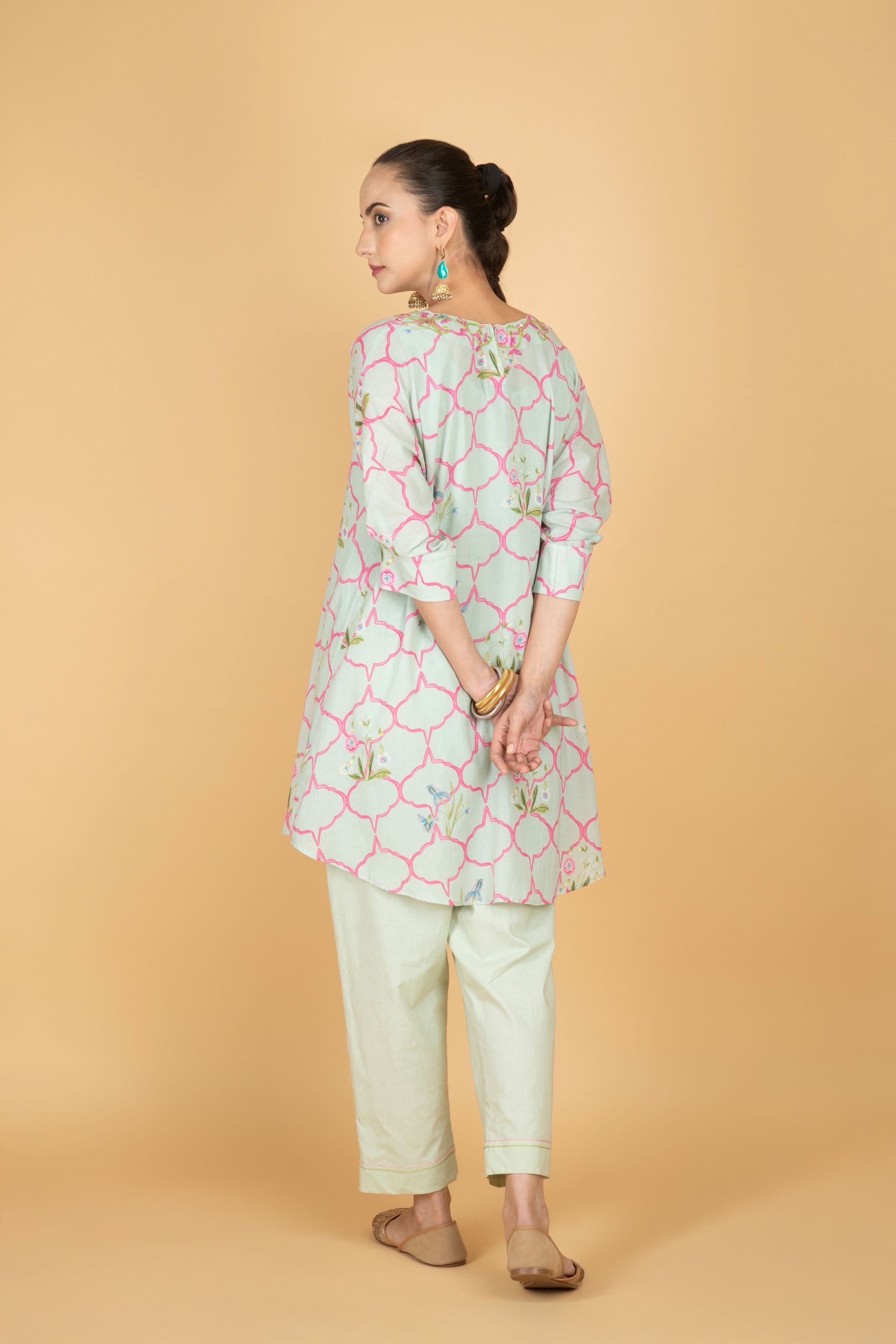 Green Embroidered Floral Print Short Kurta with Solid Pants