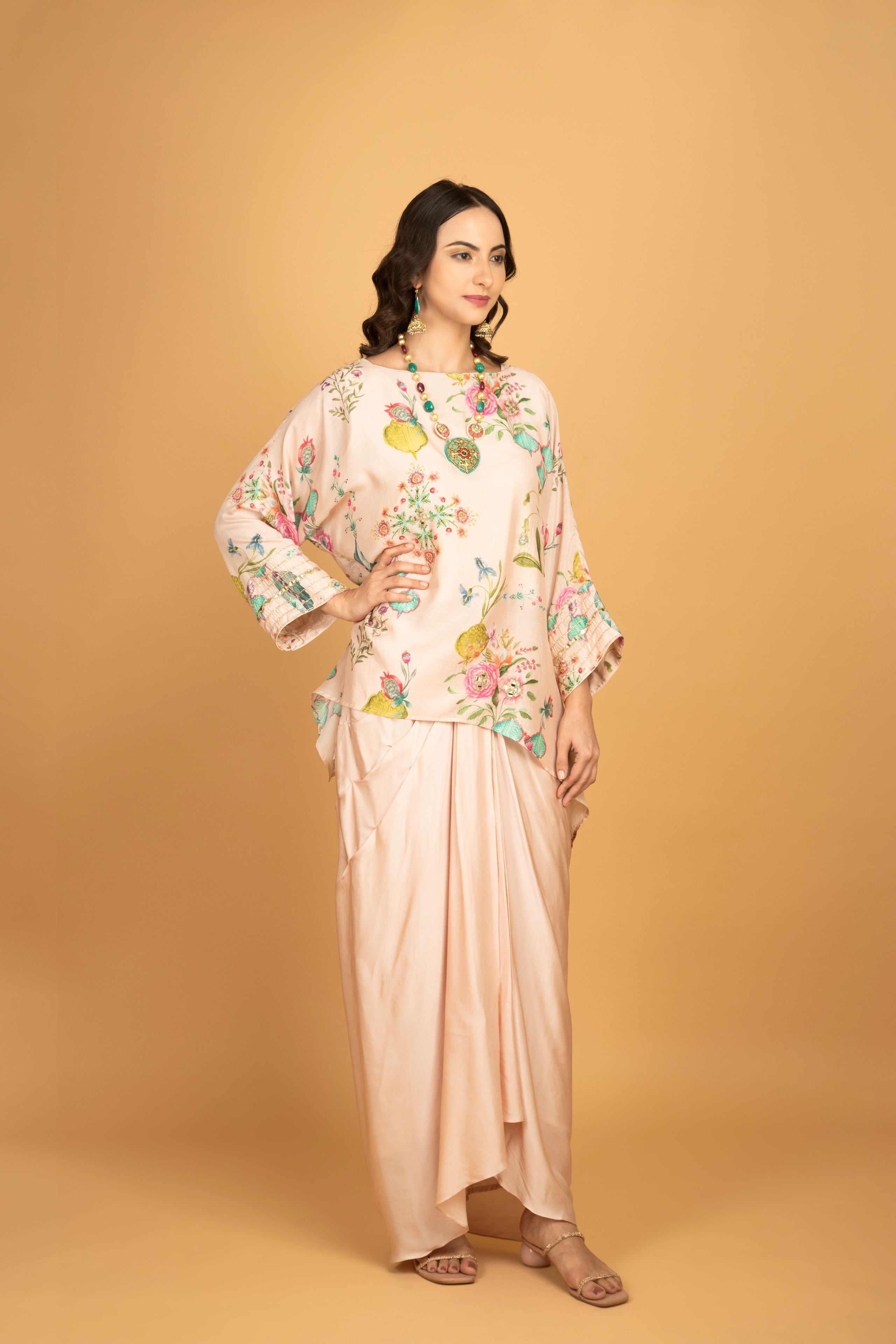 Nude Pink Printed Embroidered High Low Top W/Drape Skirt