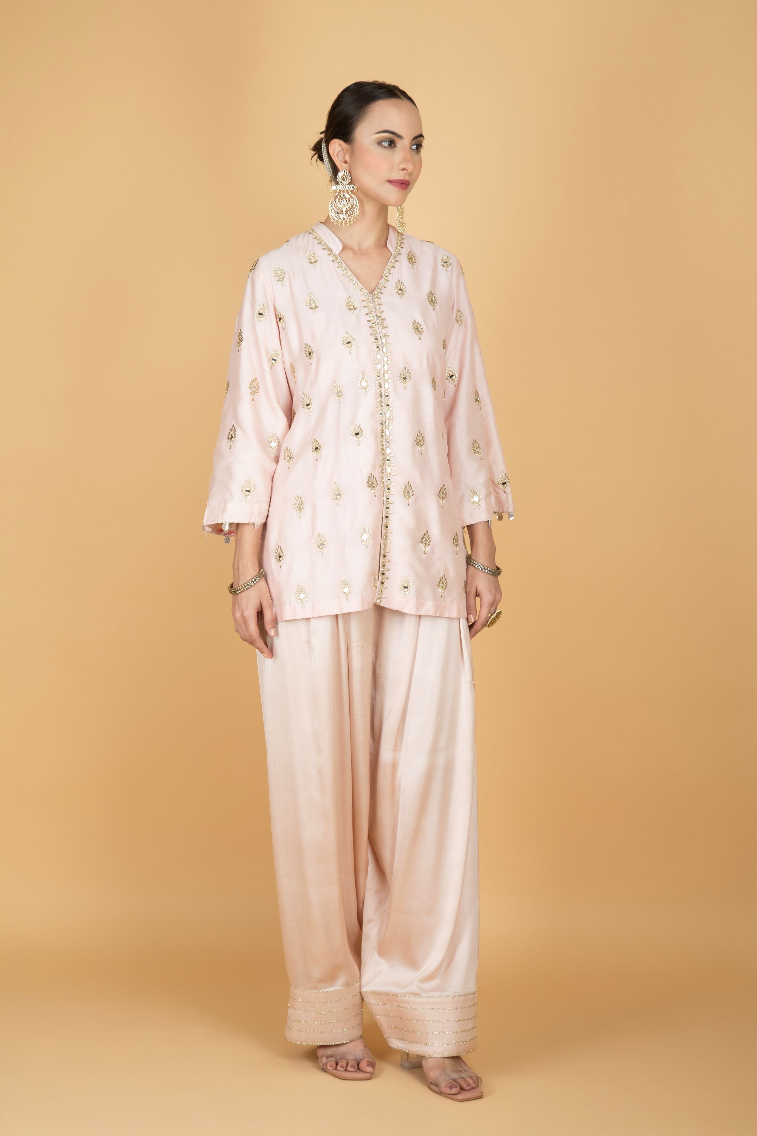 Nude Pink Mirror Butti Embroidered Short Kurta with Farsi Salwar & Printed Dupatta