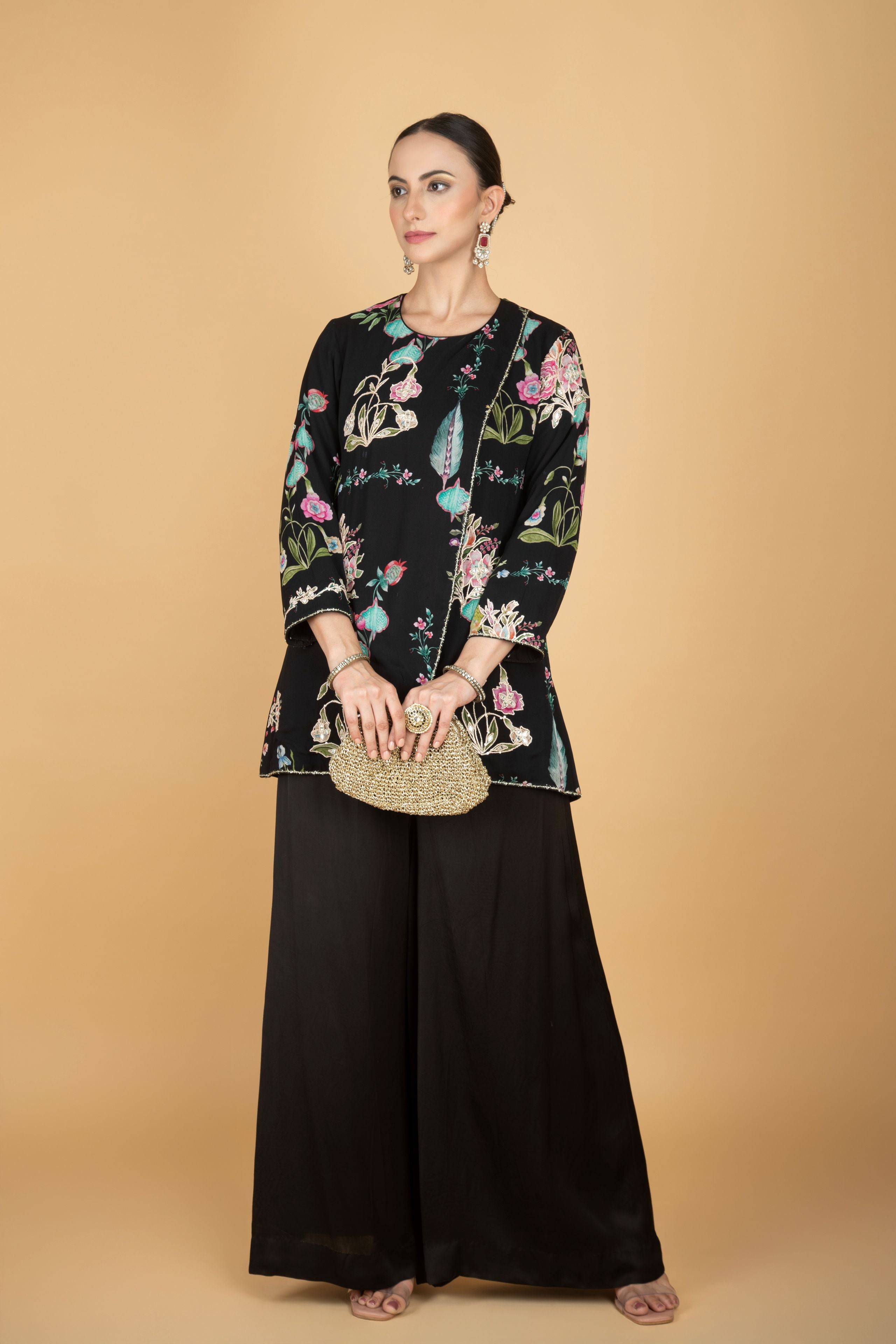 Black Floral Print Embroidered Overlay Top With Pants