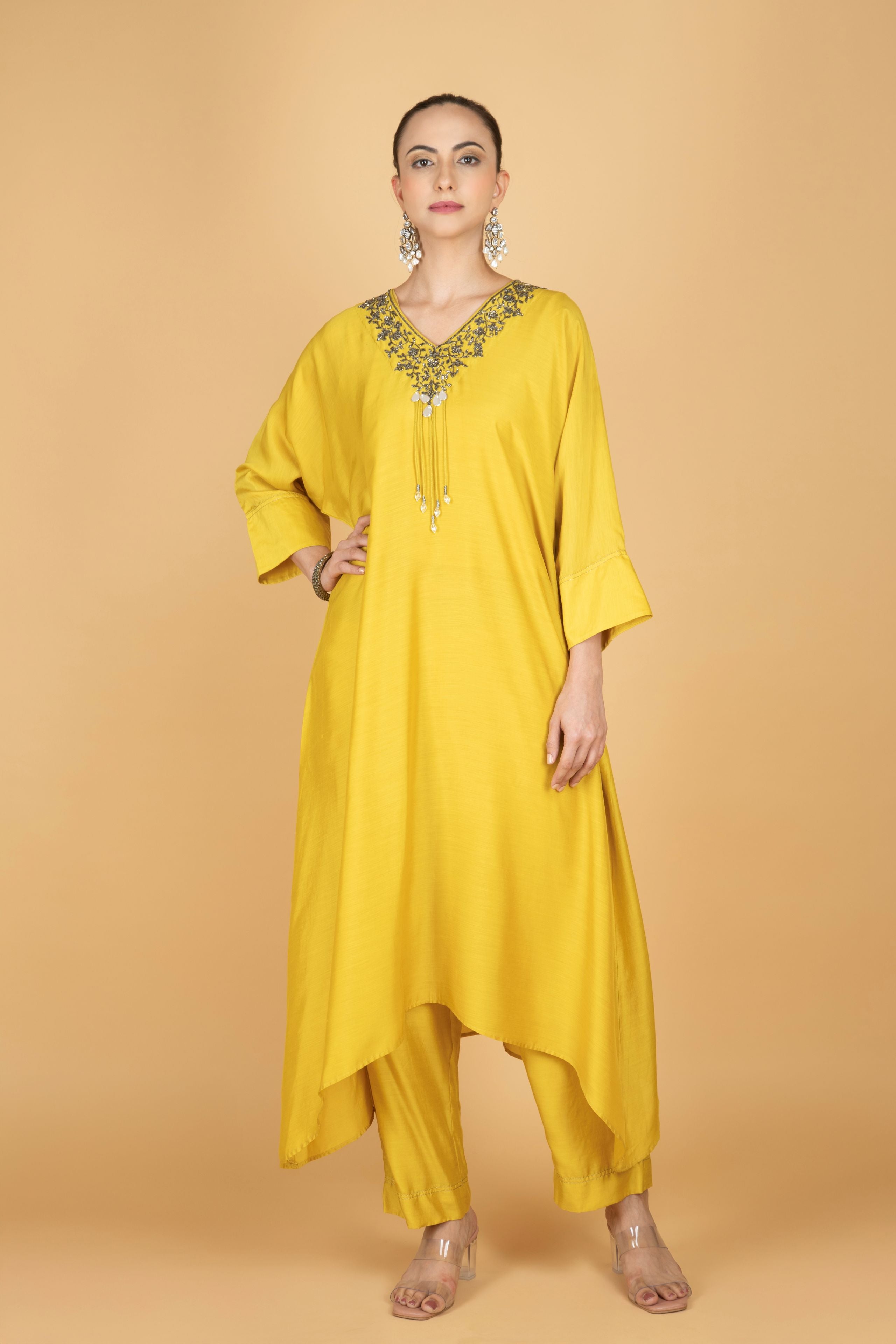 Lime Yellow Hand Embroidered Kaftaan Kurta W/Pants