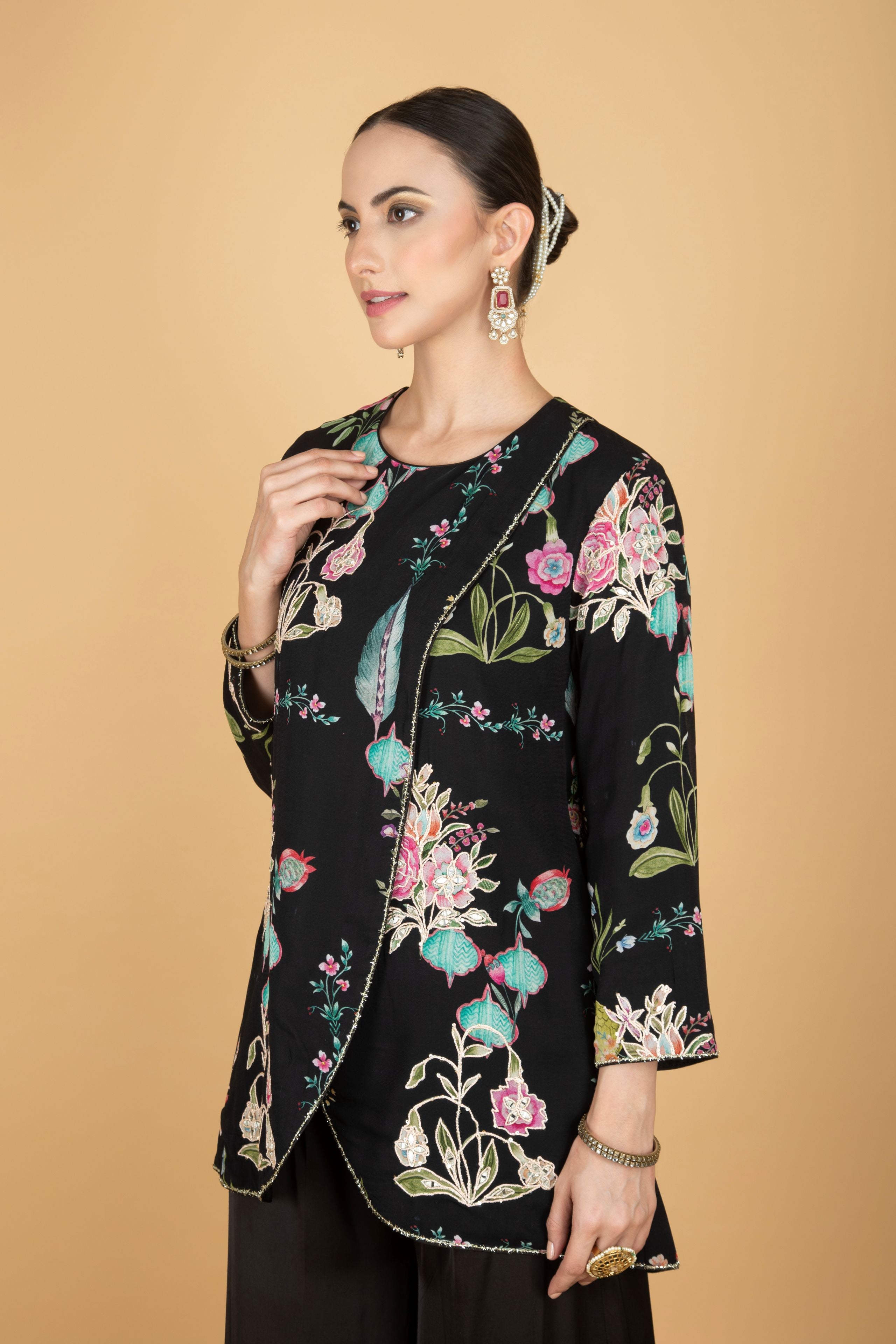 Black Floral Print Embroidered Overlay Top With Pants