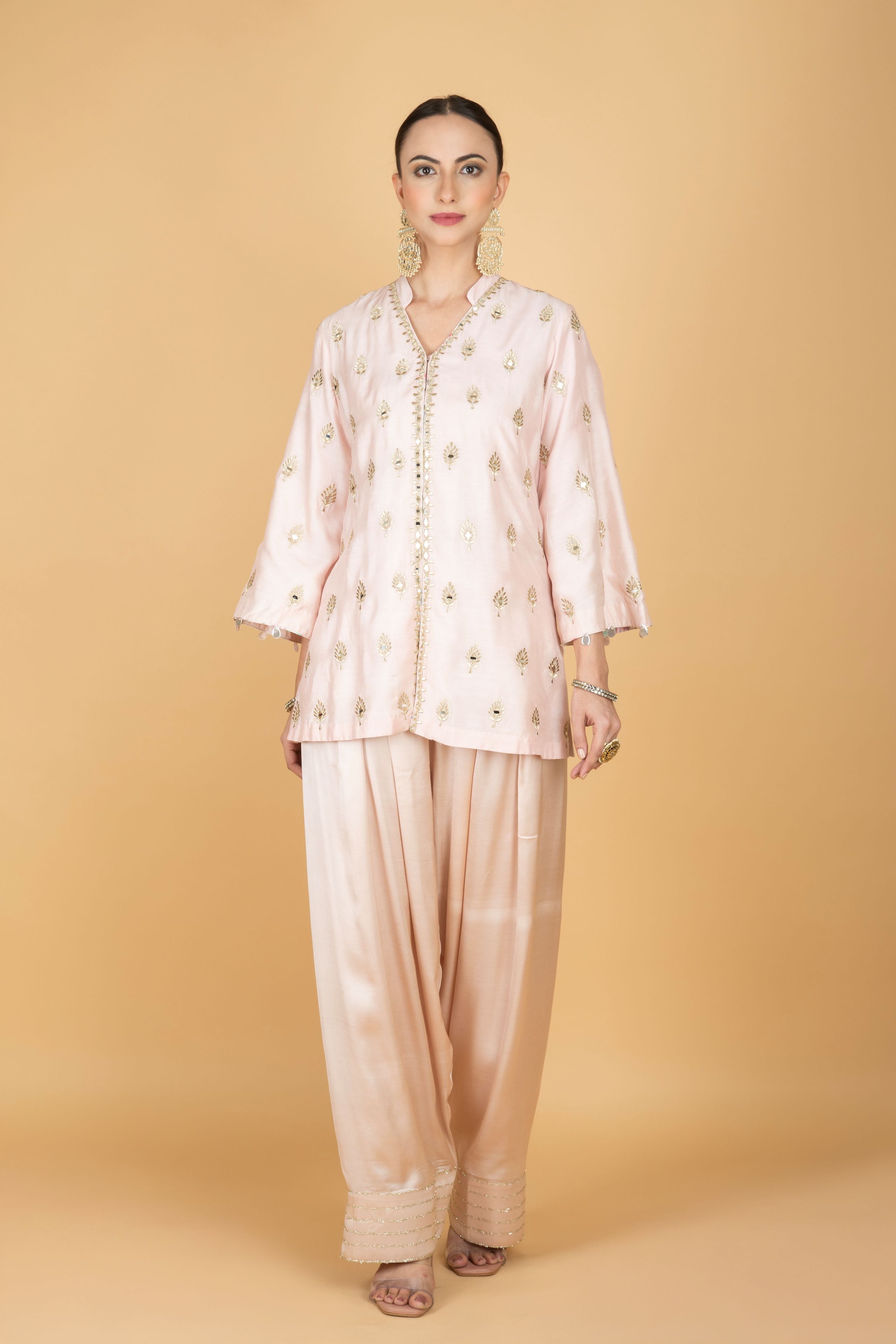 Nude Pink Mirror Butti Embroidered Short Kurta with Farsi Salwar & Printed Dupatta