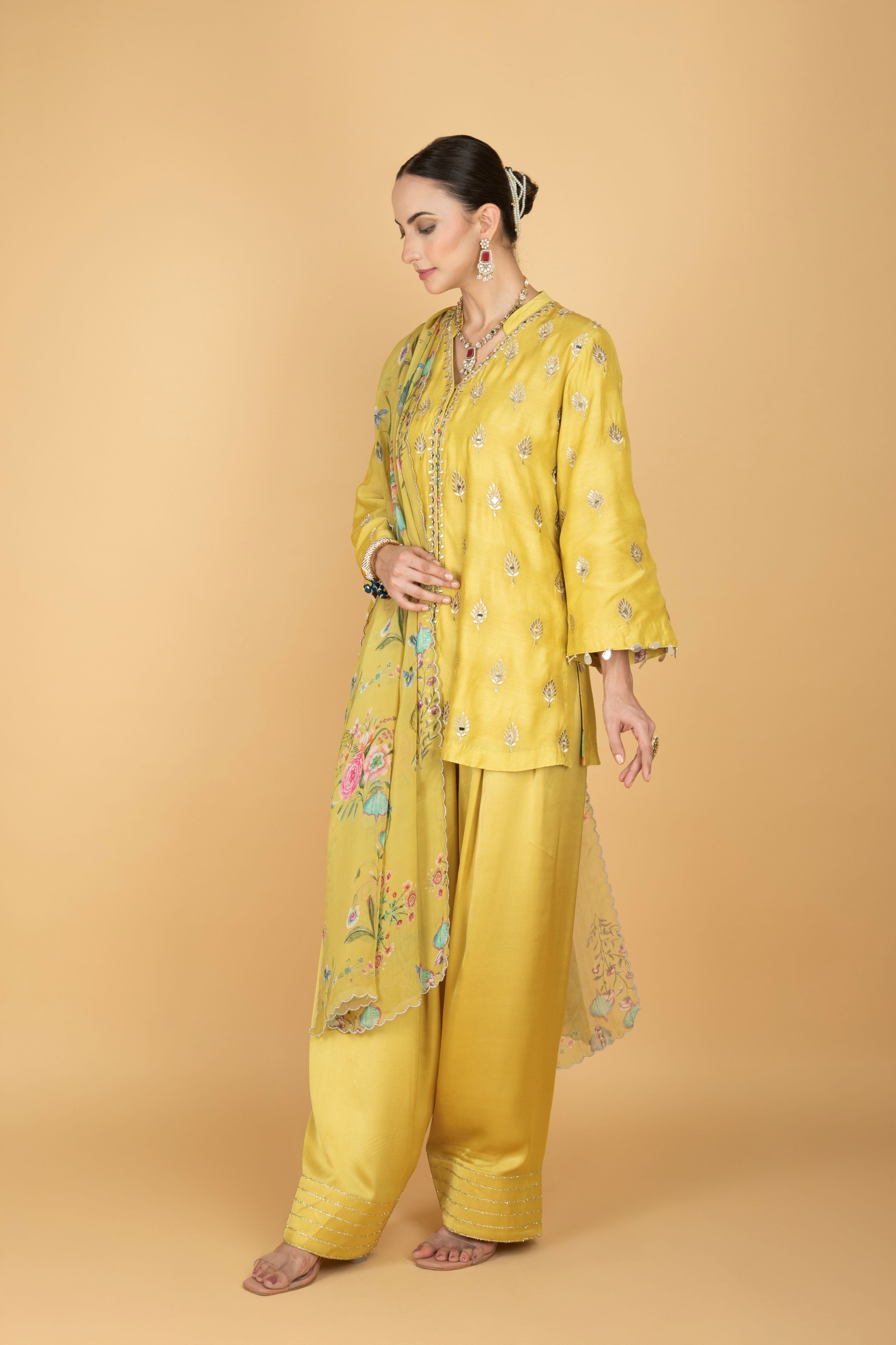 Lime Yellow Mirror Butti Embroidered Short Kurta with Farsi Salwar & Printed Dupatta