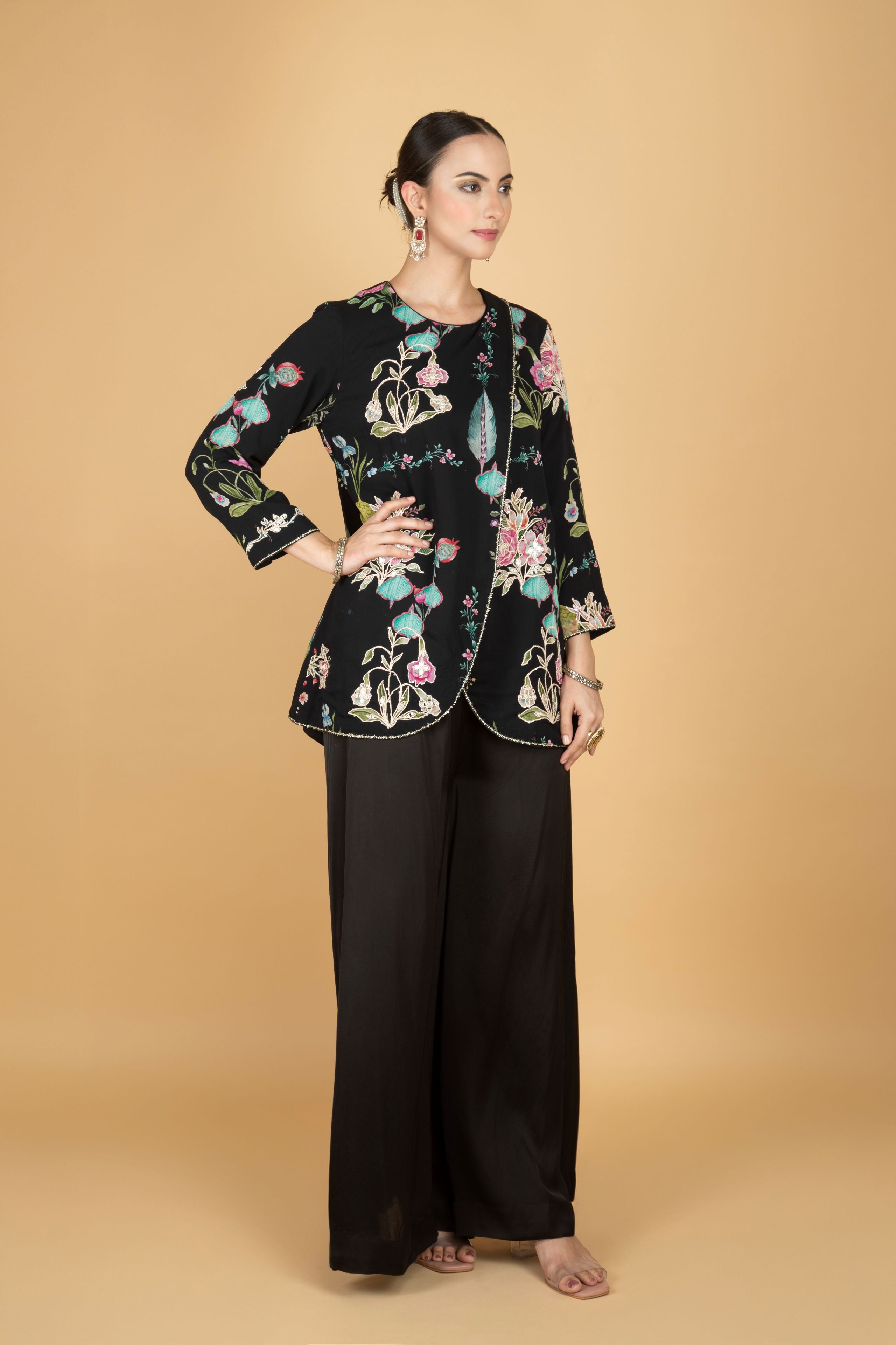 Black Floral Print Embroidered Overlay Top With Pants