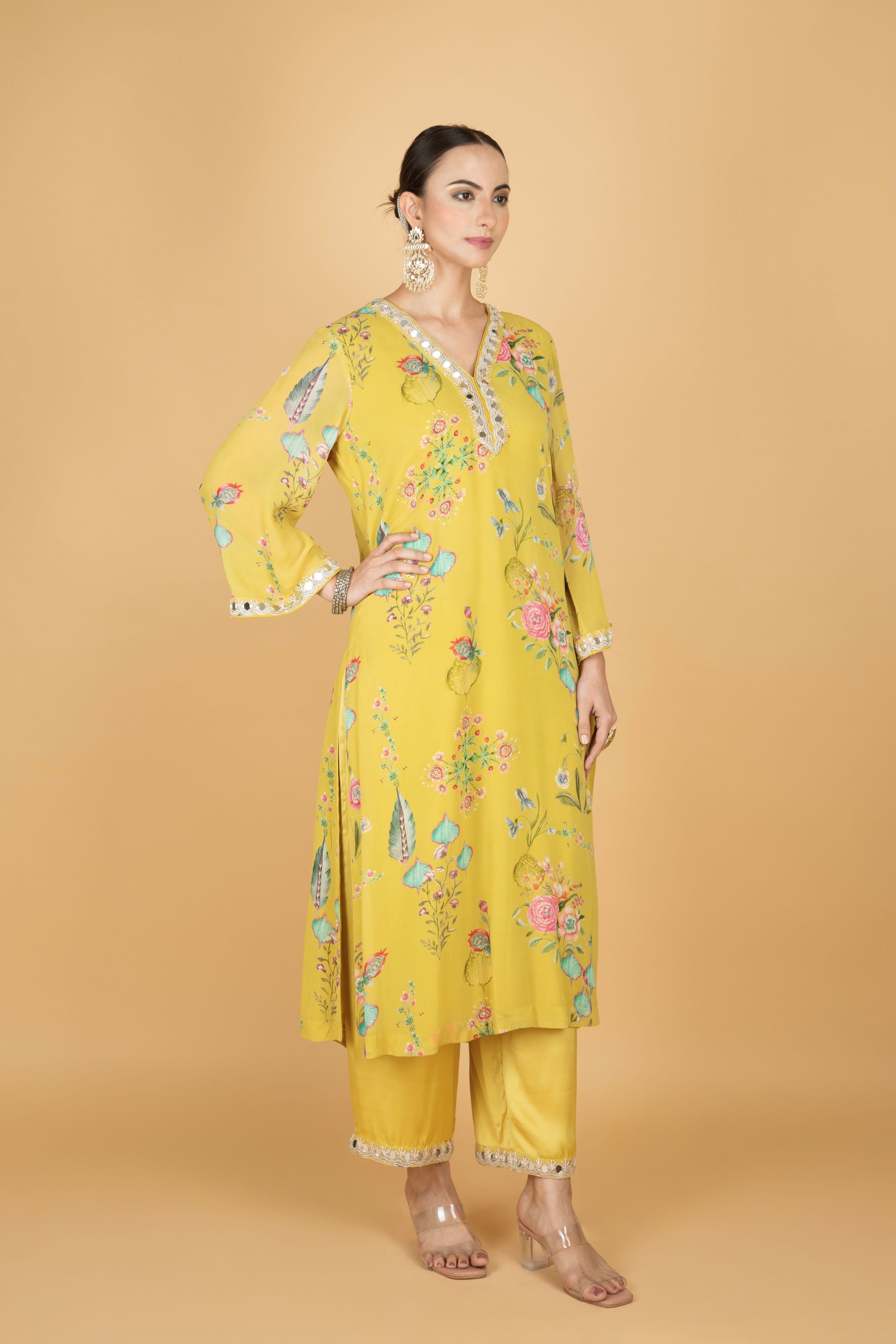 Lemon Yellow Floral Print Mirror Embroidered Kurta With Pants & Dupatta