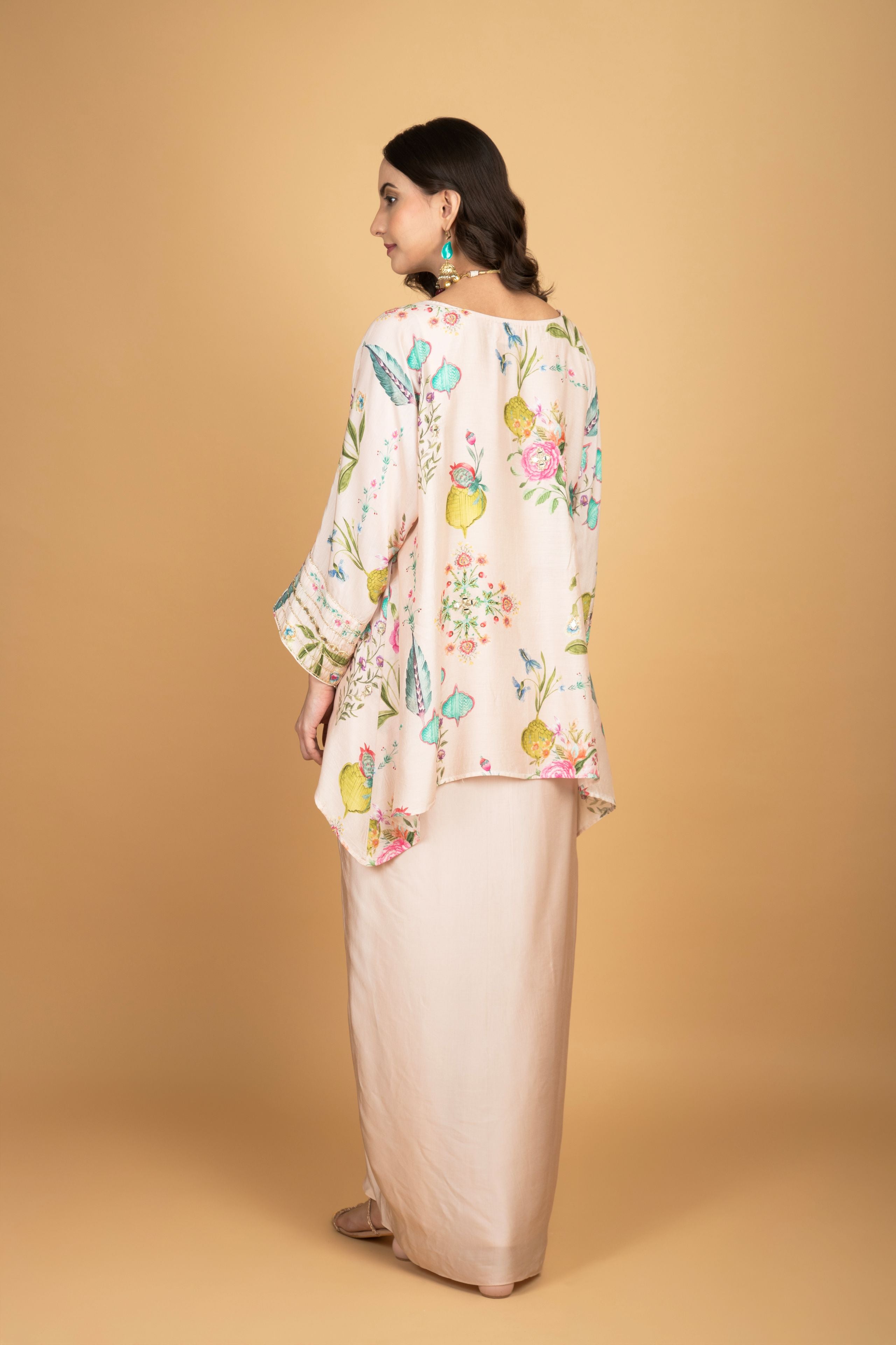 Nude Pink Printed Embroidered High Low Top W/Drape Skirt