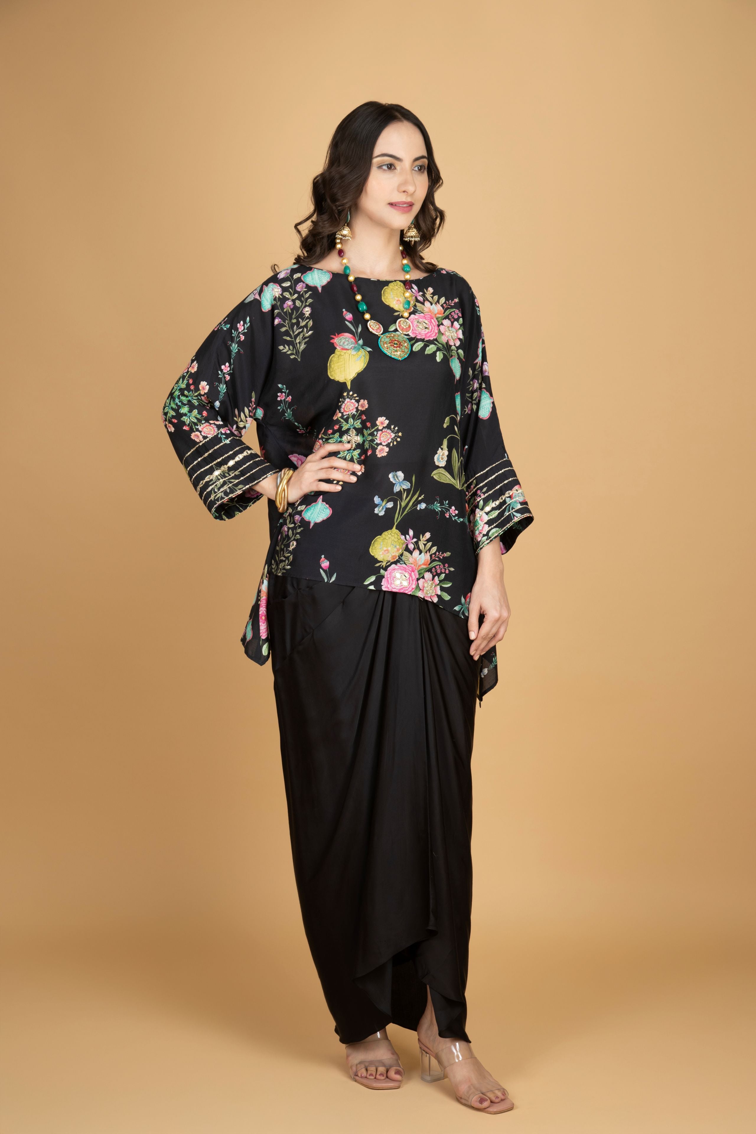 Black Printed Embroidered High Low Top W/Drape Skirt