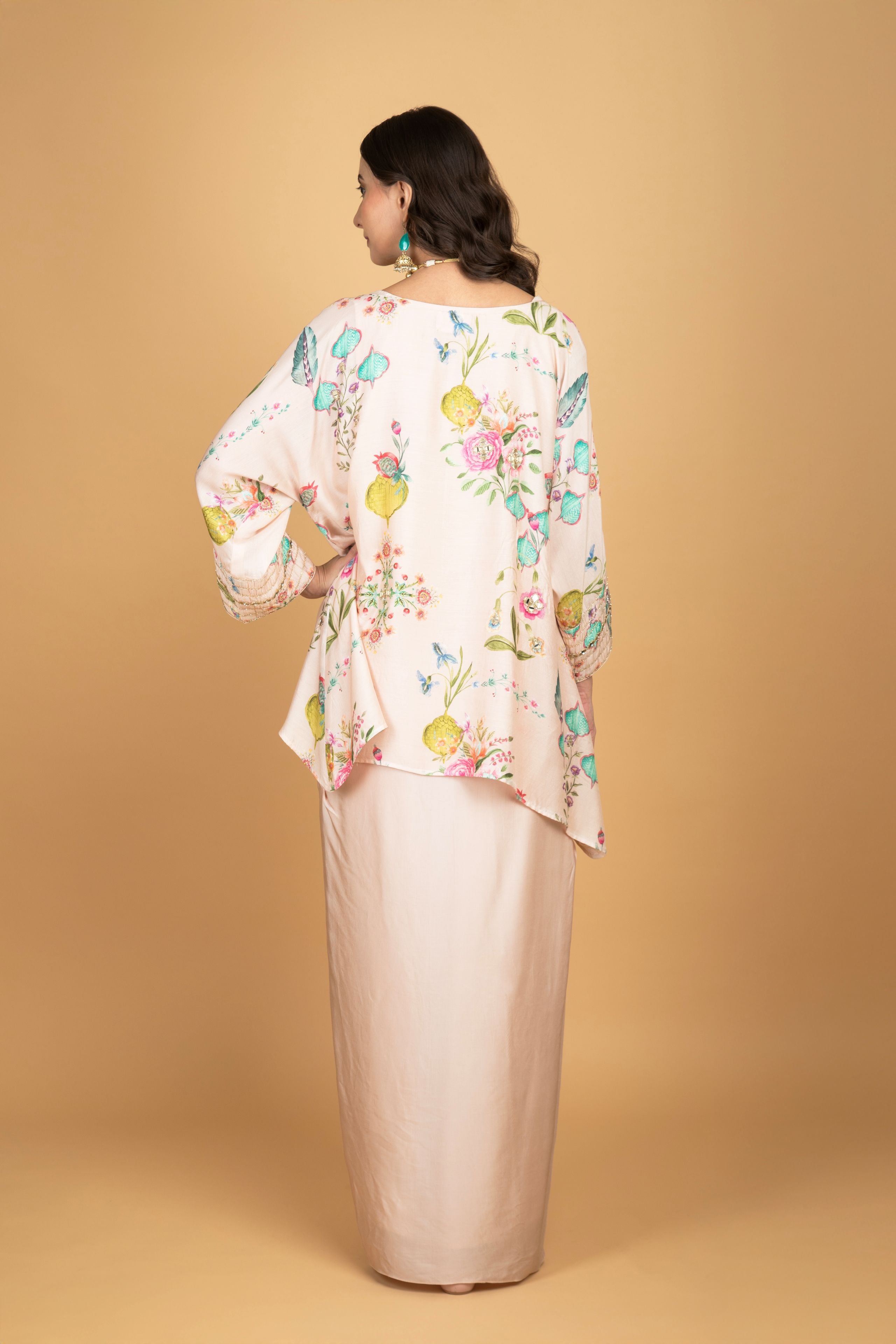 Nude Pink Printed Embroidered High Low Top W/Drape Skirt