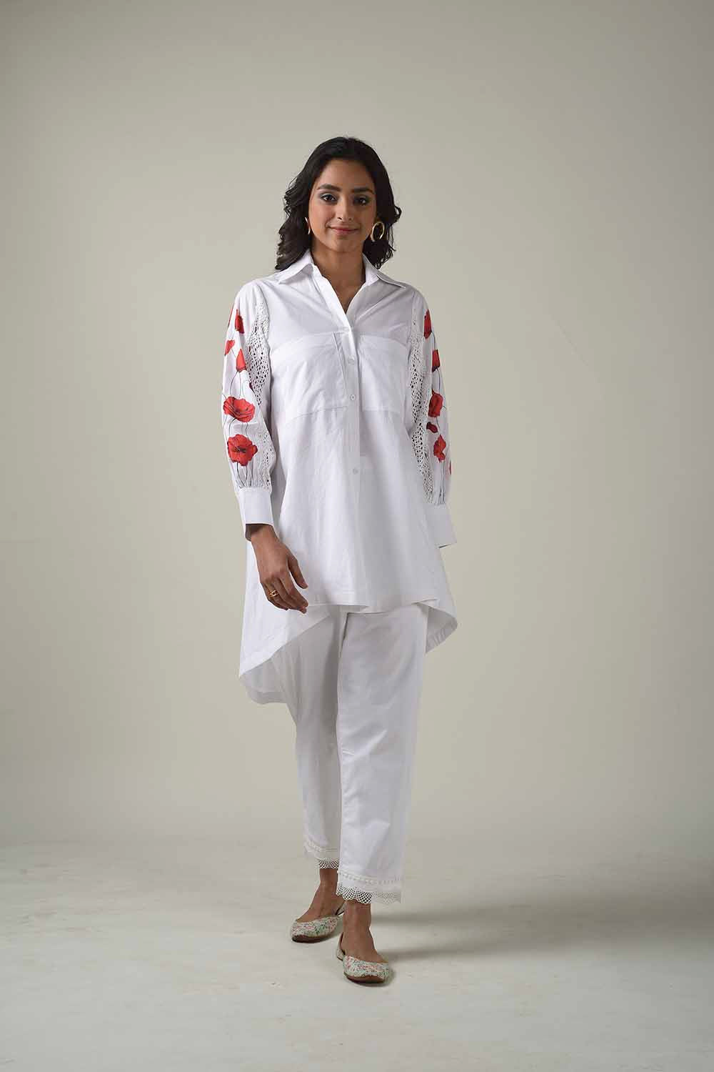 Asymmetric Hand Painted Collared Shirt Style Kurta With Narrow Pants