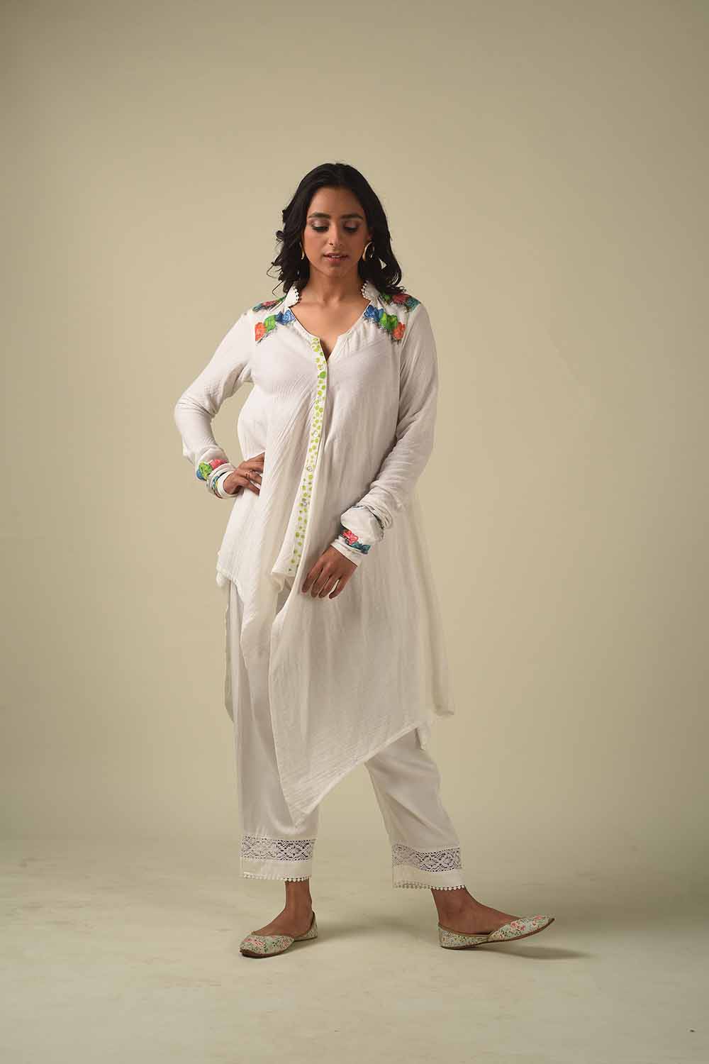 Asymmetric Hand Painted Front Open Style Kurta With Dhoti Pants