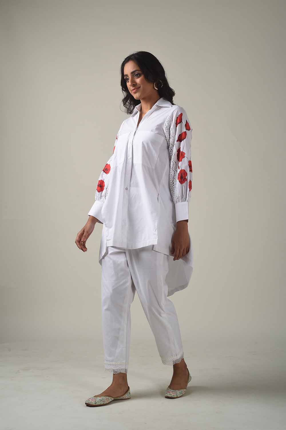 Asymmetric Hand Painted Collared Shirt Style Kurta With Narrow Pants