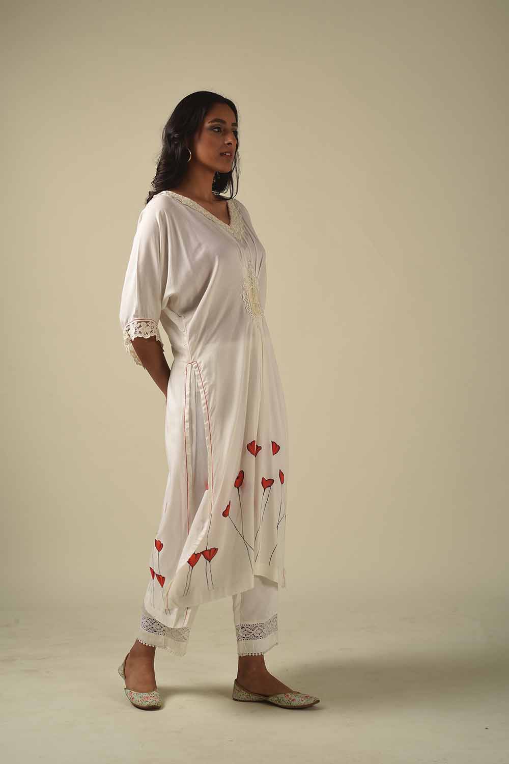 Ivory Handpainted Kimono Style Tunic With Broad Pants