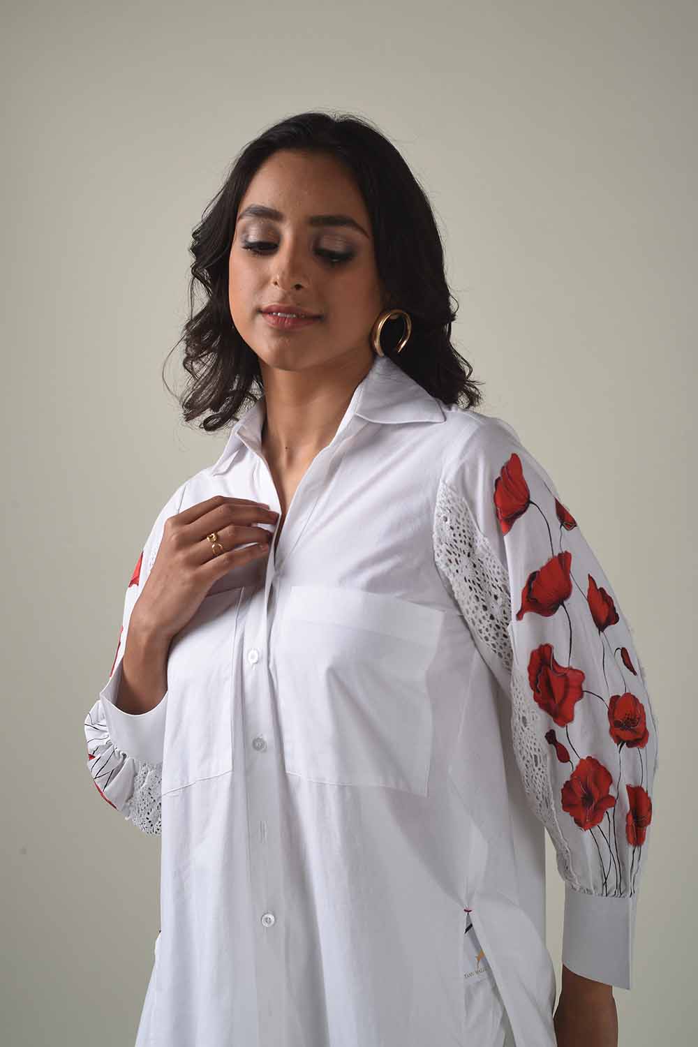 Asymmetric Hand Painted Collared Shirt Style Kurta With Narrow Pants