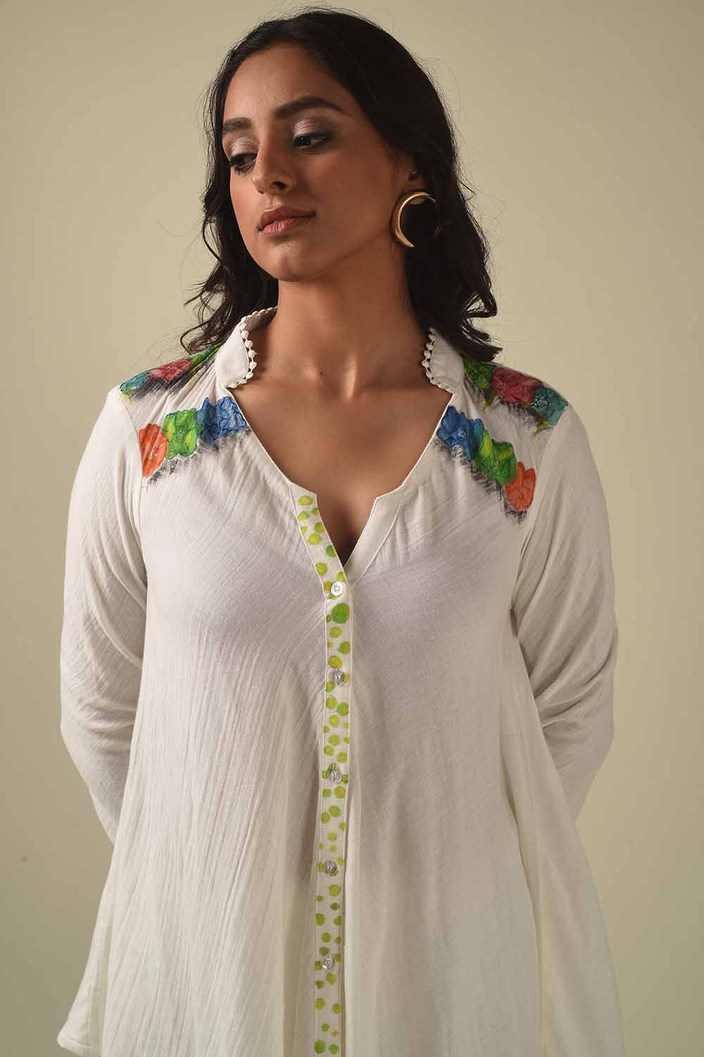 Asymmetric Hand Painted Front Open Style Kurta With Dhoti Pants