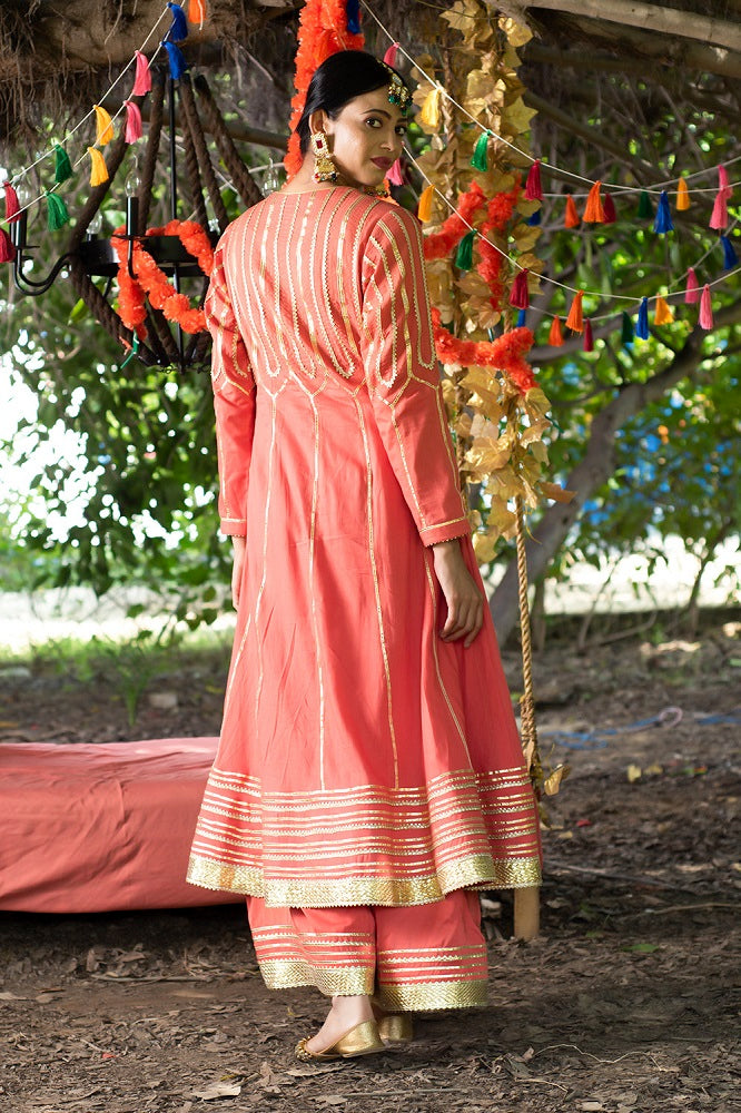 Coral Kurta Twill Cotton Embroidery Gota Anarkali And Farshi Pyjama Set