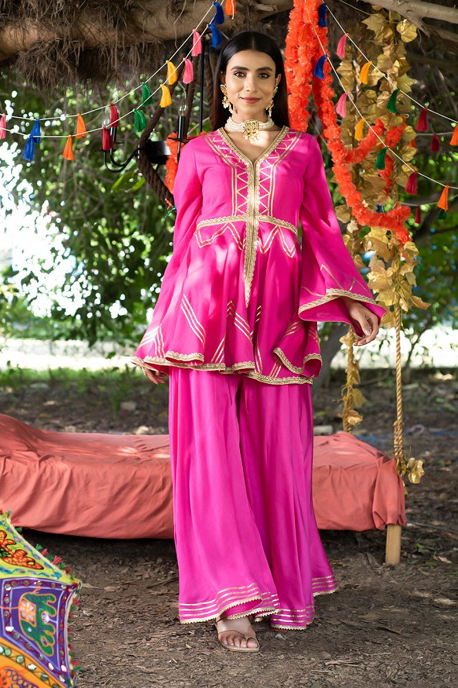 Fuchsia Kurta Twill Cotton Embroidery Gota Work Peplum And Sharara Set