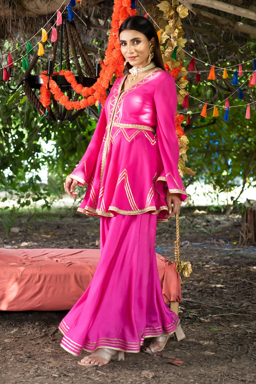 Fuchsia Kurta Twill Cotton Embroidery Gota Work Peplum And Sharara Set