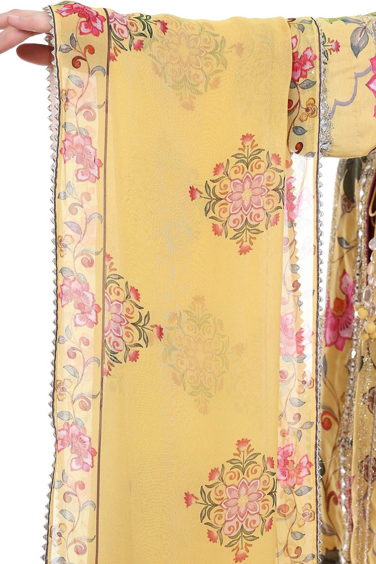 Yellow Floral Printed Embroidered Angrakha Paired with Solid Pants & Dupatta
