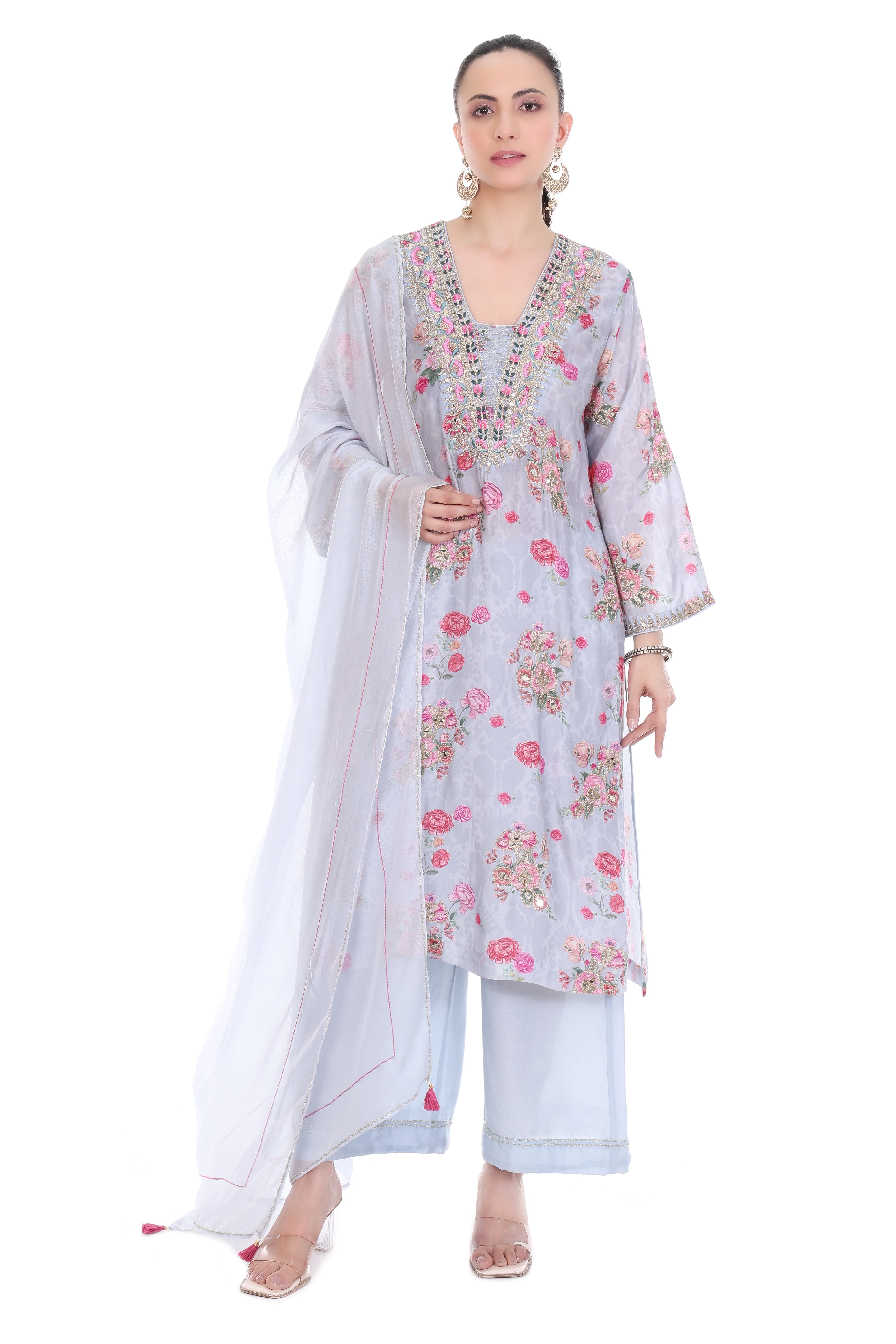 Blue Embroidered Floral Printed Kurta Set