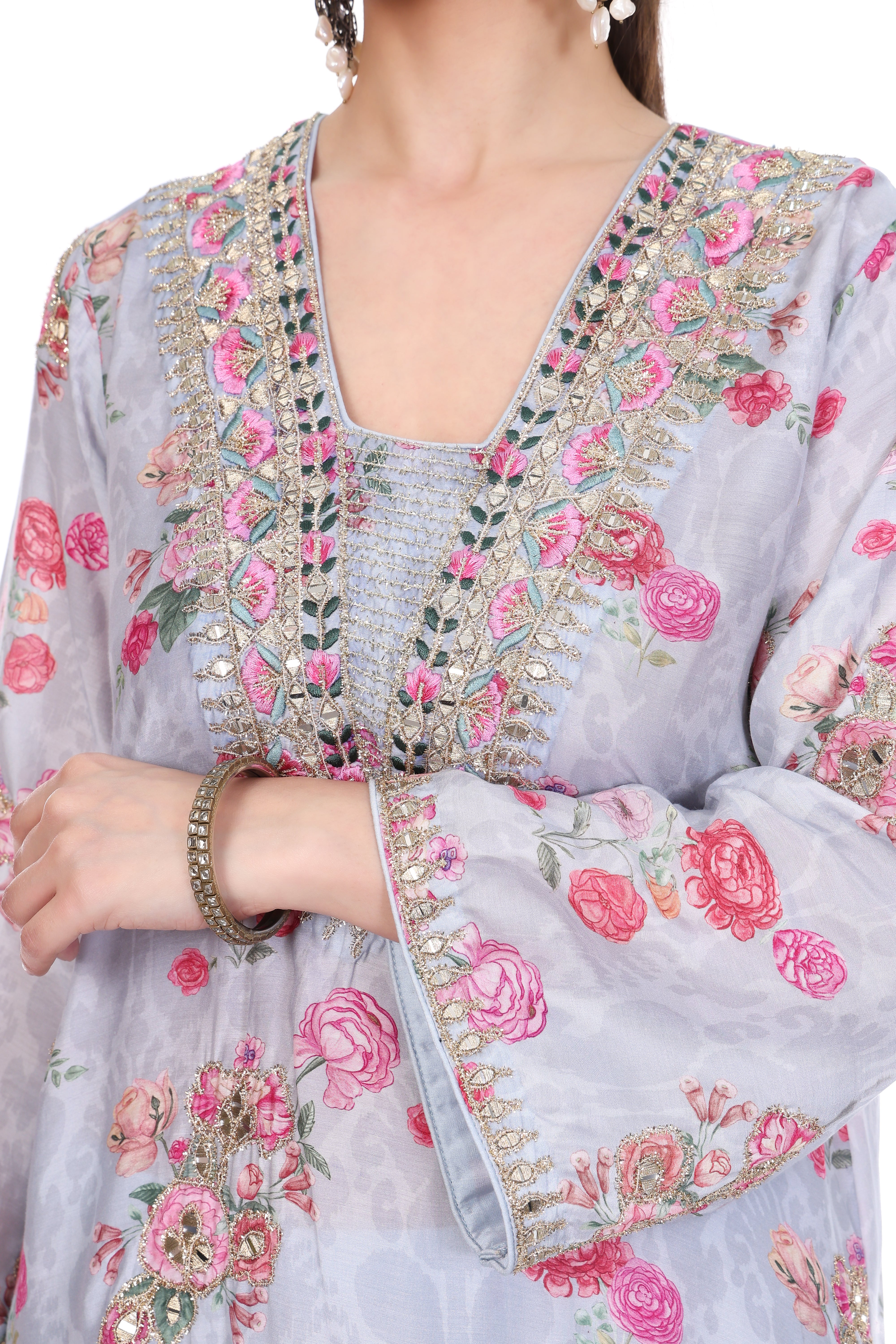 Blue Embroidered Floral Printed Kurta Set