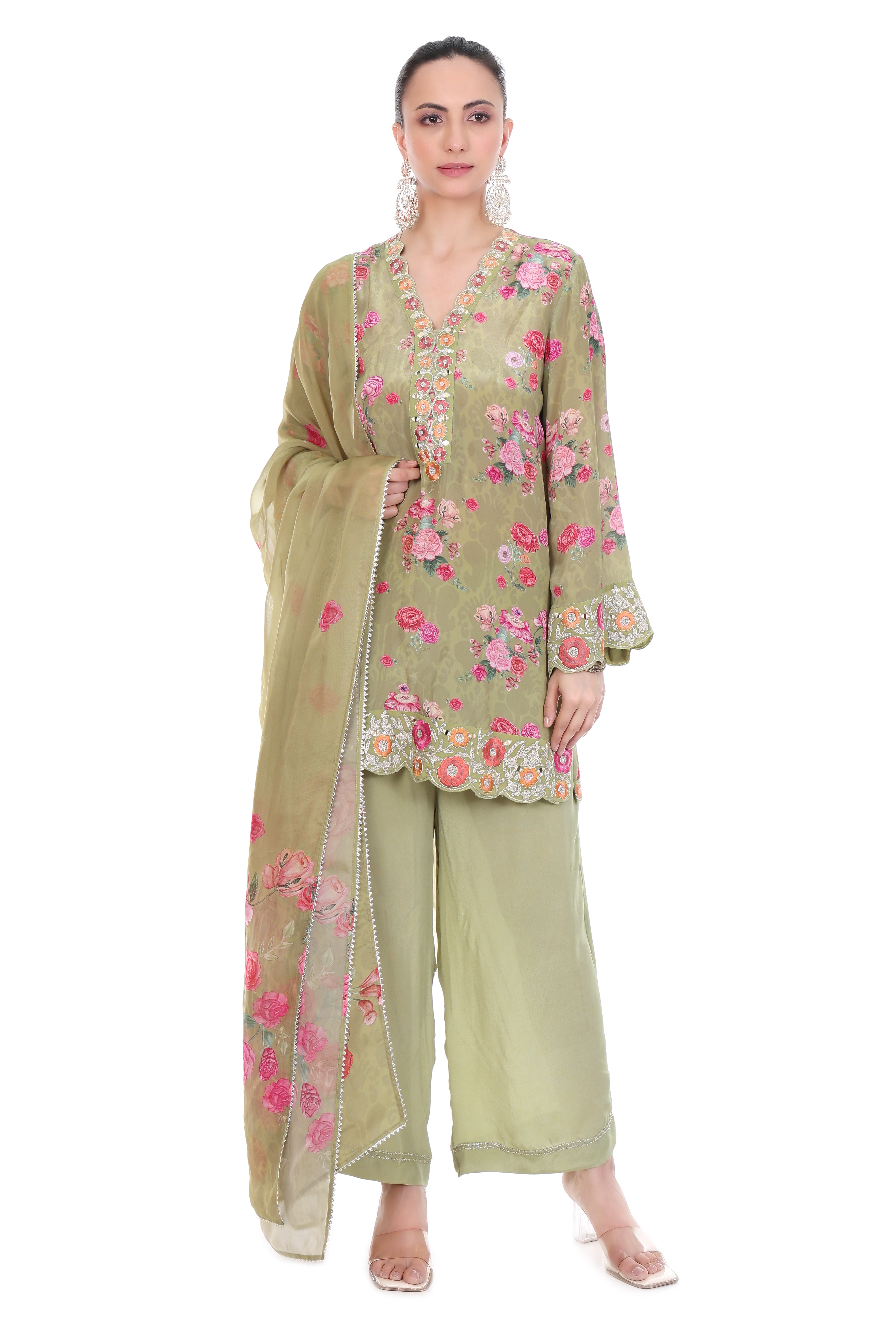 Green Embroidered Floral Short Kurta Set