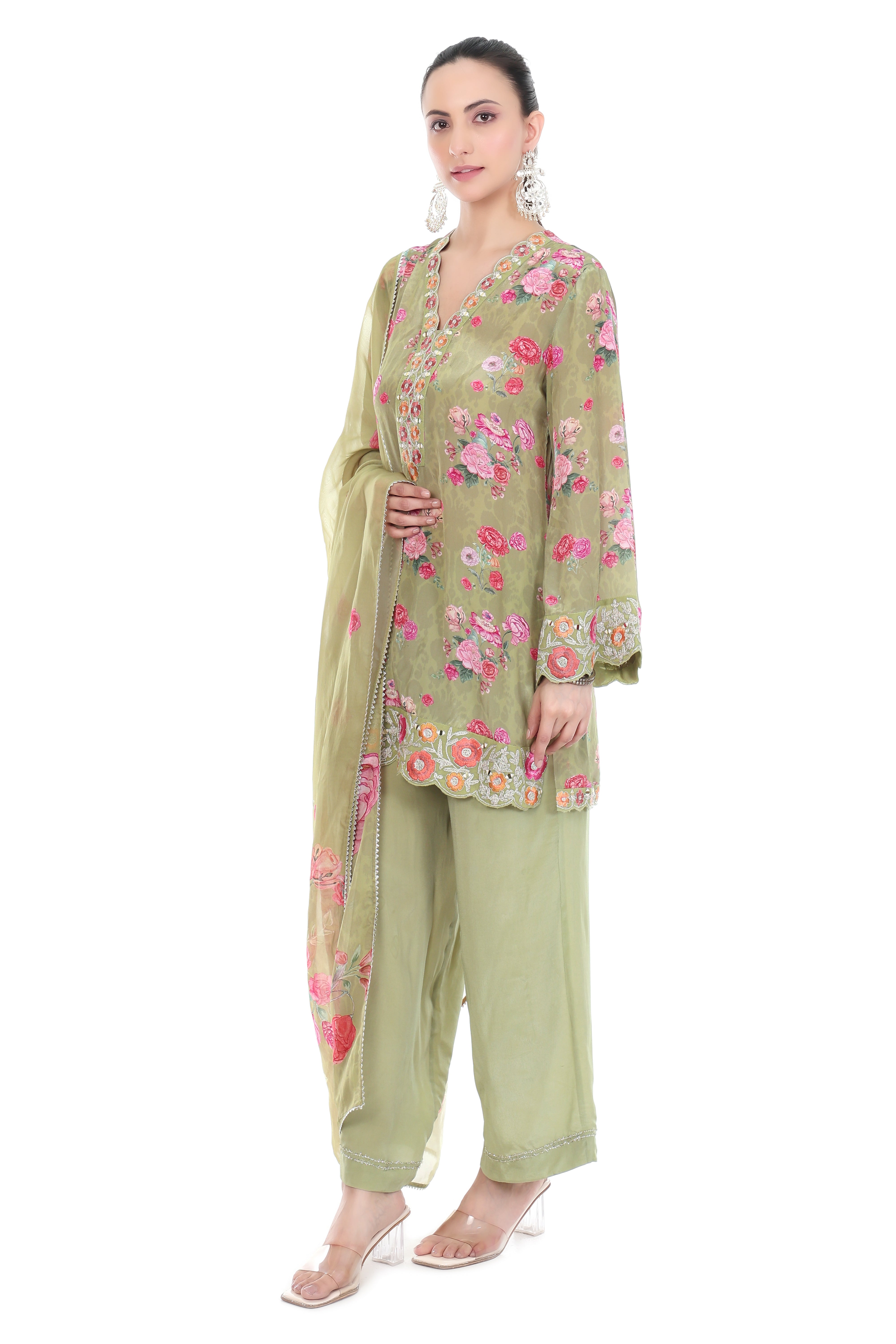 Green Embroidered Floral Short Kurta Set