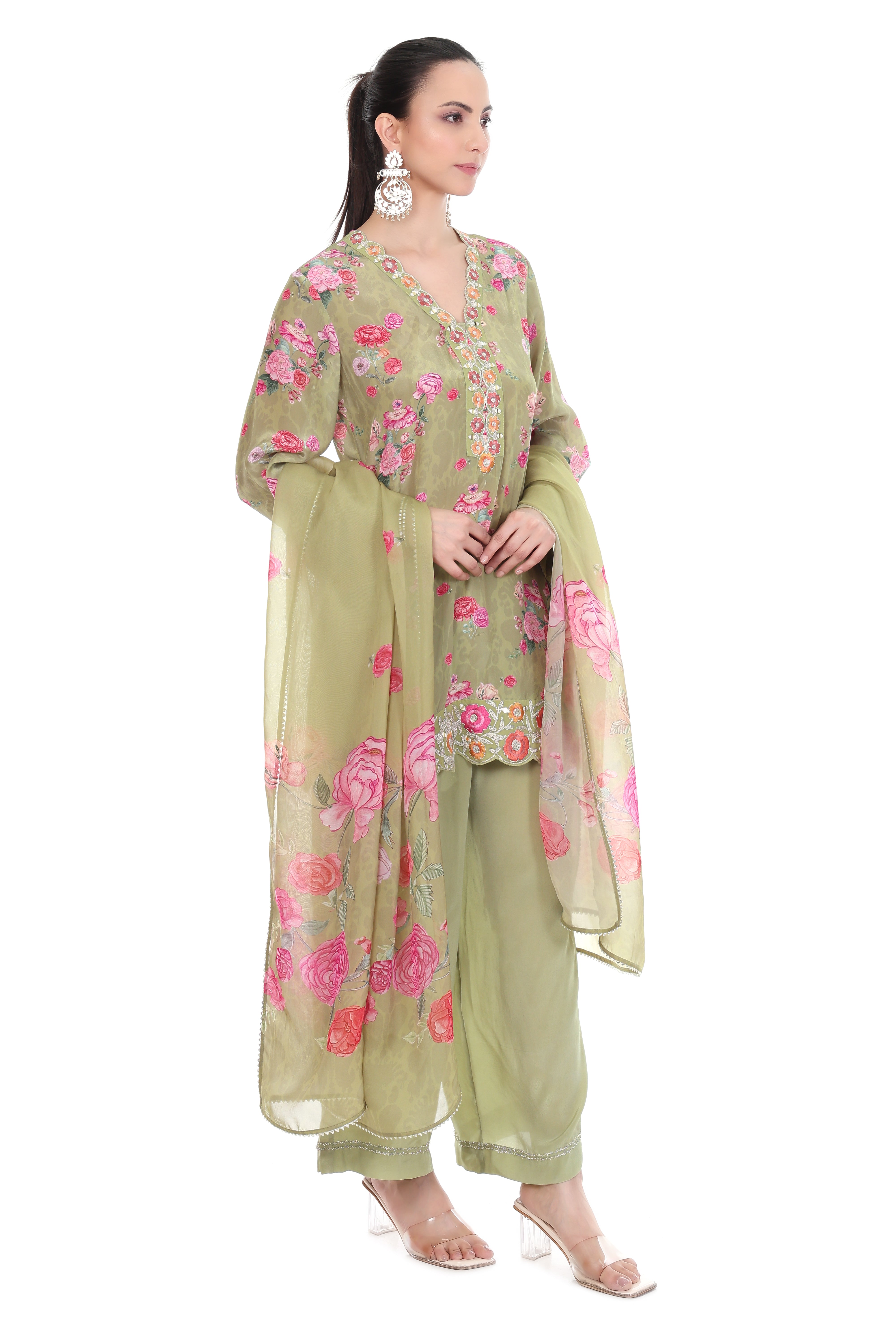 Green Embroidered Floral Short Kurta Set