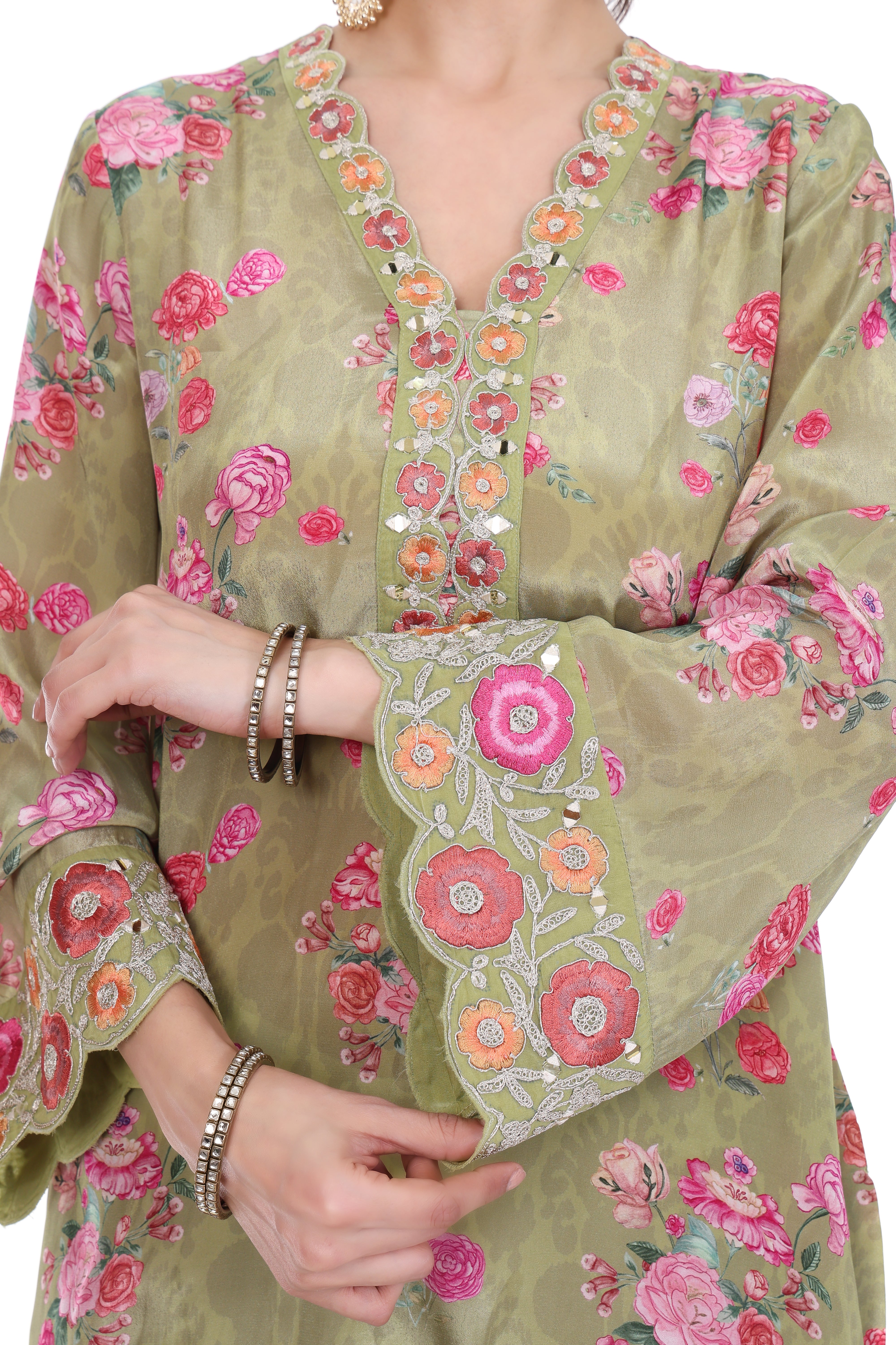 Green Embroidered Floral Short Kurta Set