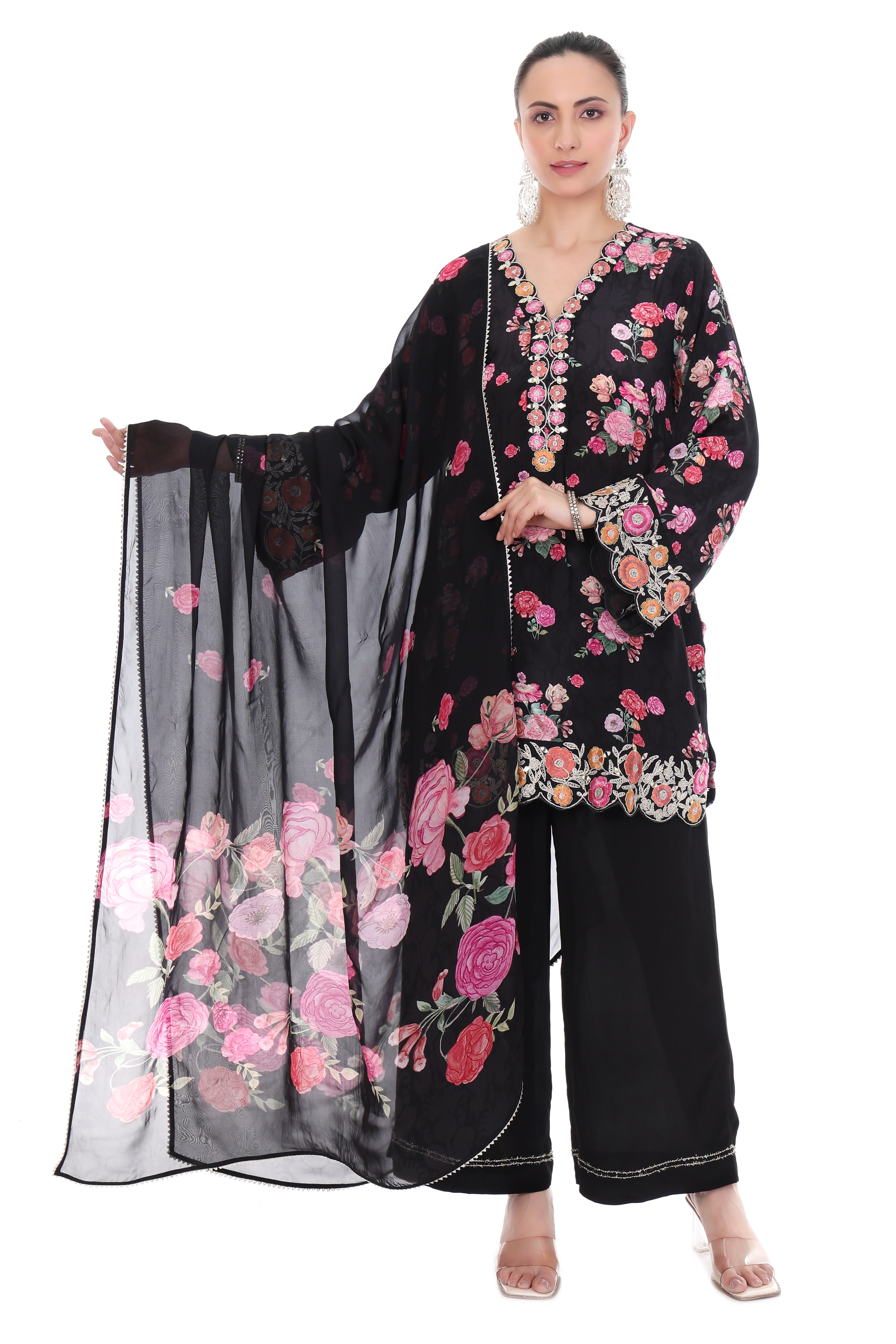 Black Embroidered Floral Short Kurta Set
