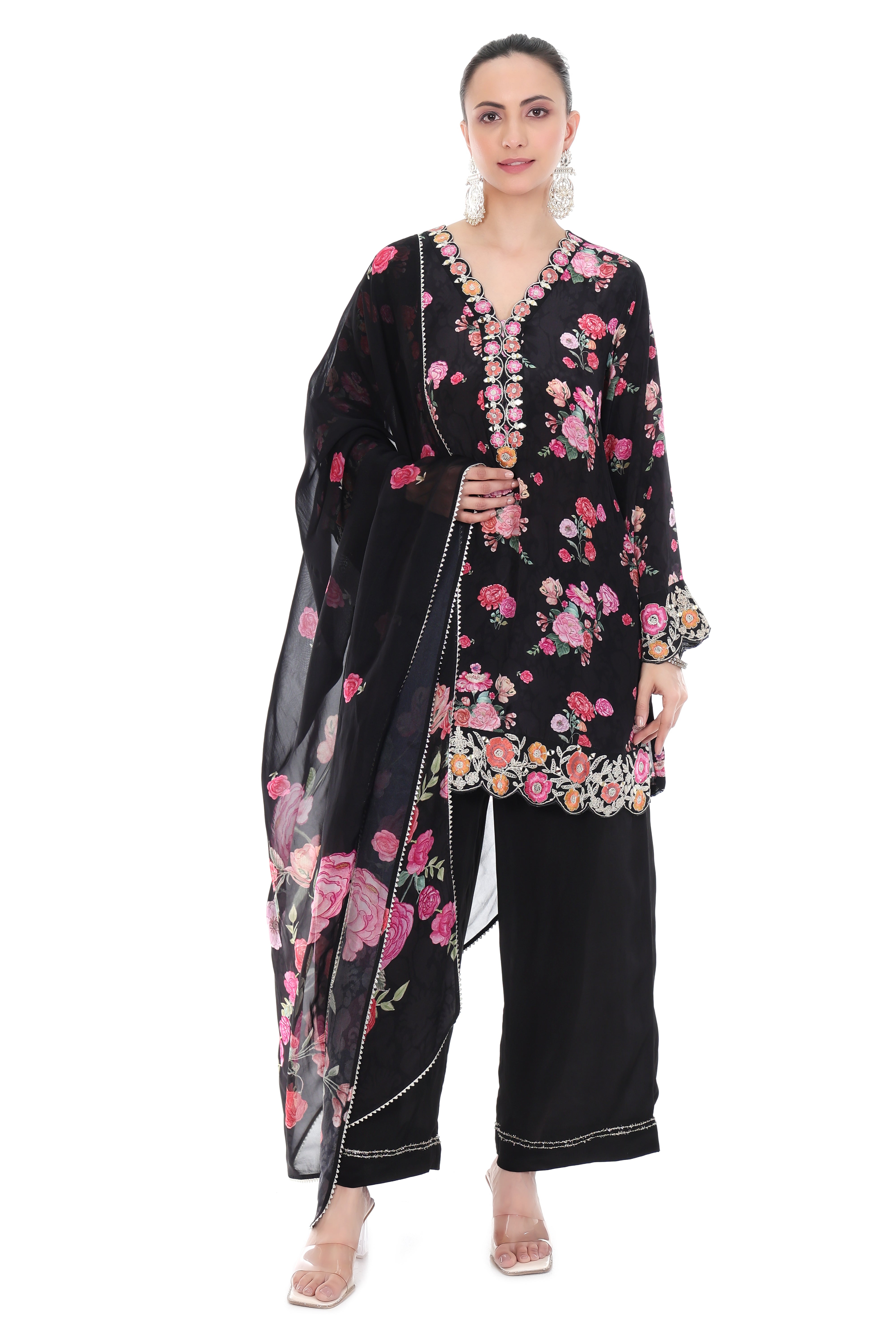 Black Embroidered Floral Short Kurta Set