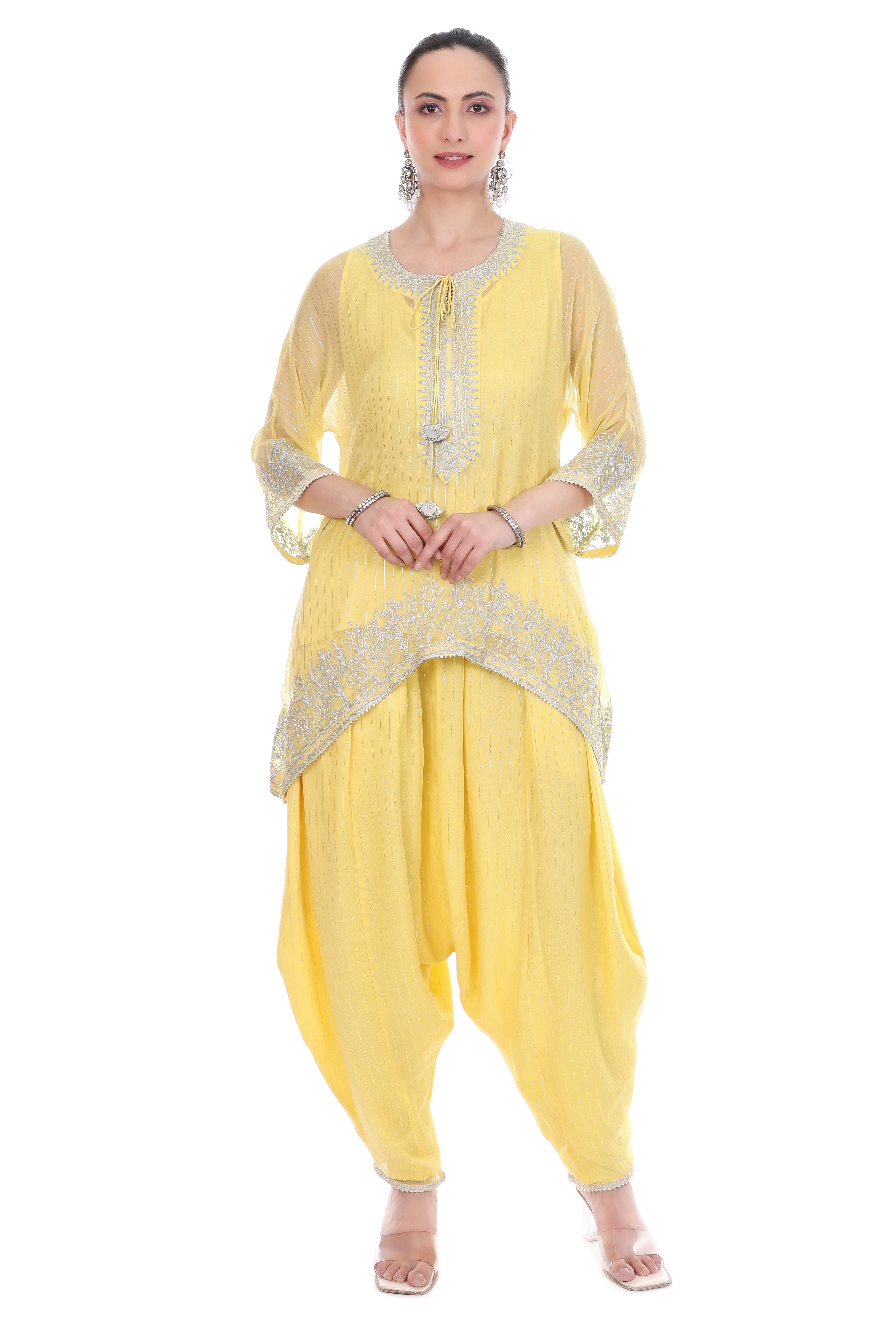 Yellow Embroidered High Low Kaftaan  with Heram Pants