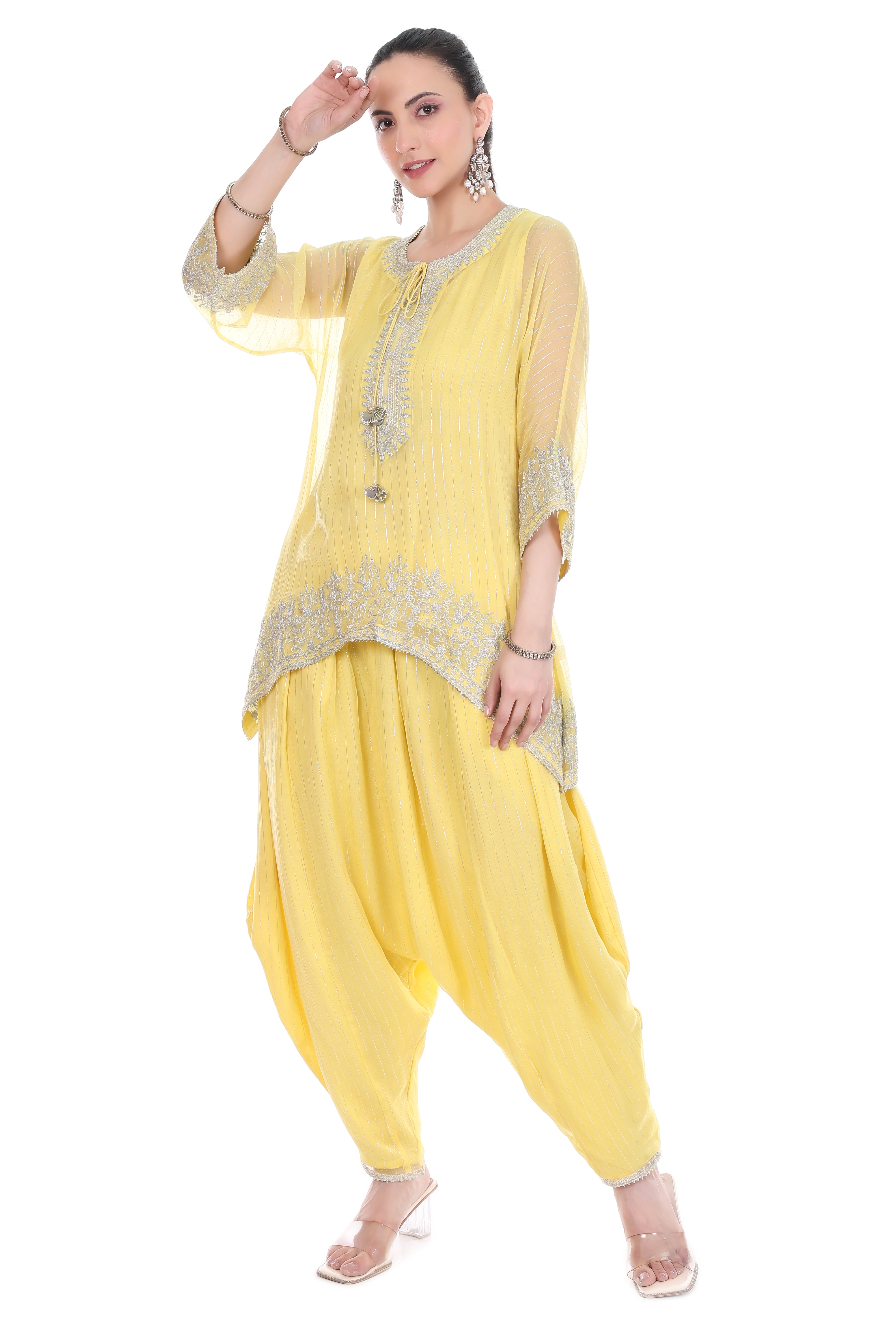 Yellow Embroidered High Low Kaftaan  with Heram Pants