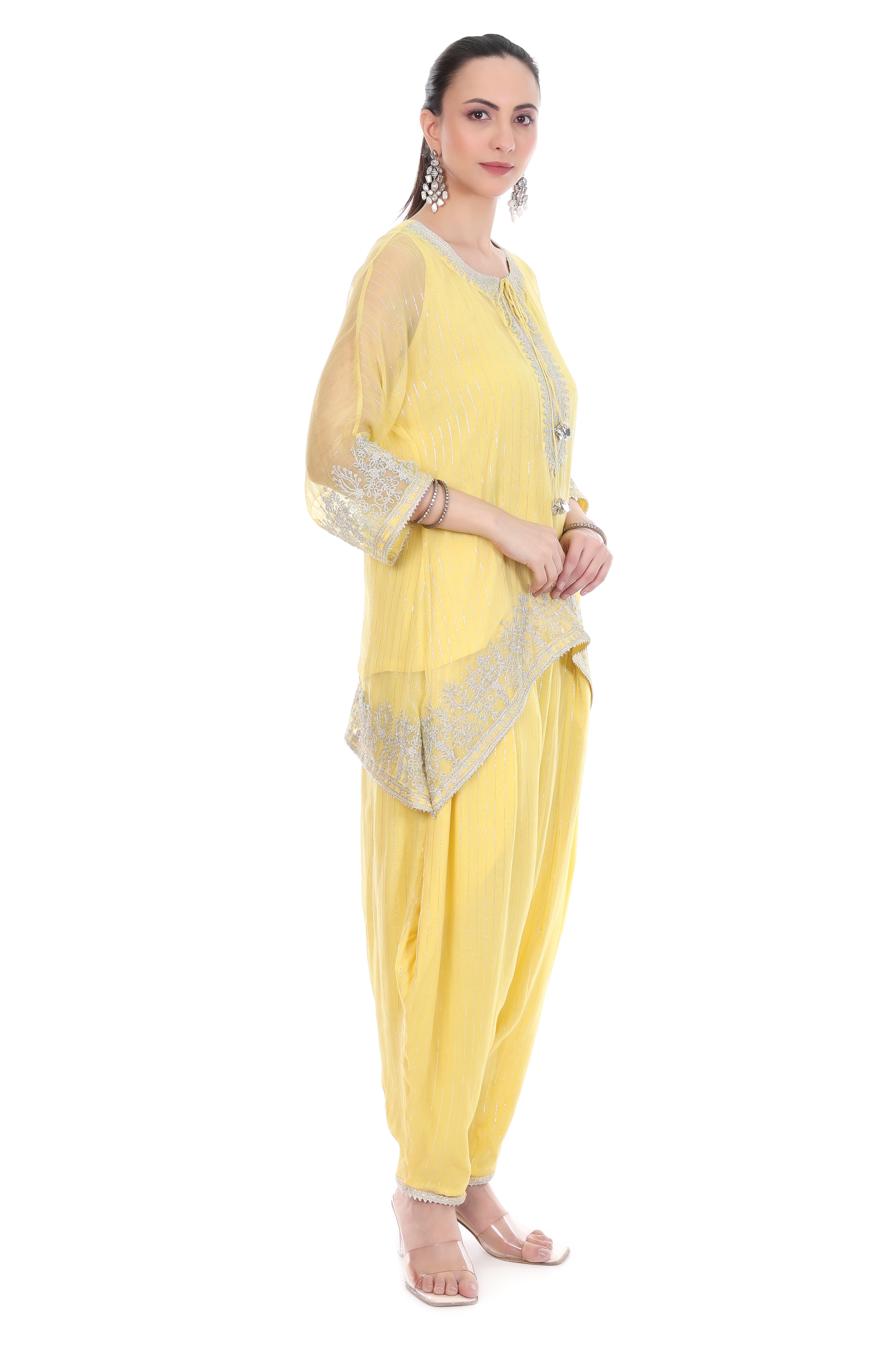 Yellow Embroidered High Low Kaftaan  with Heram Pants