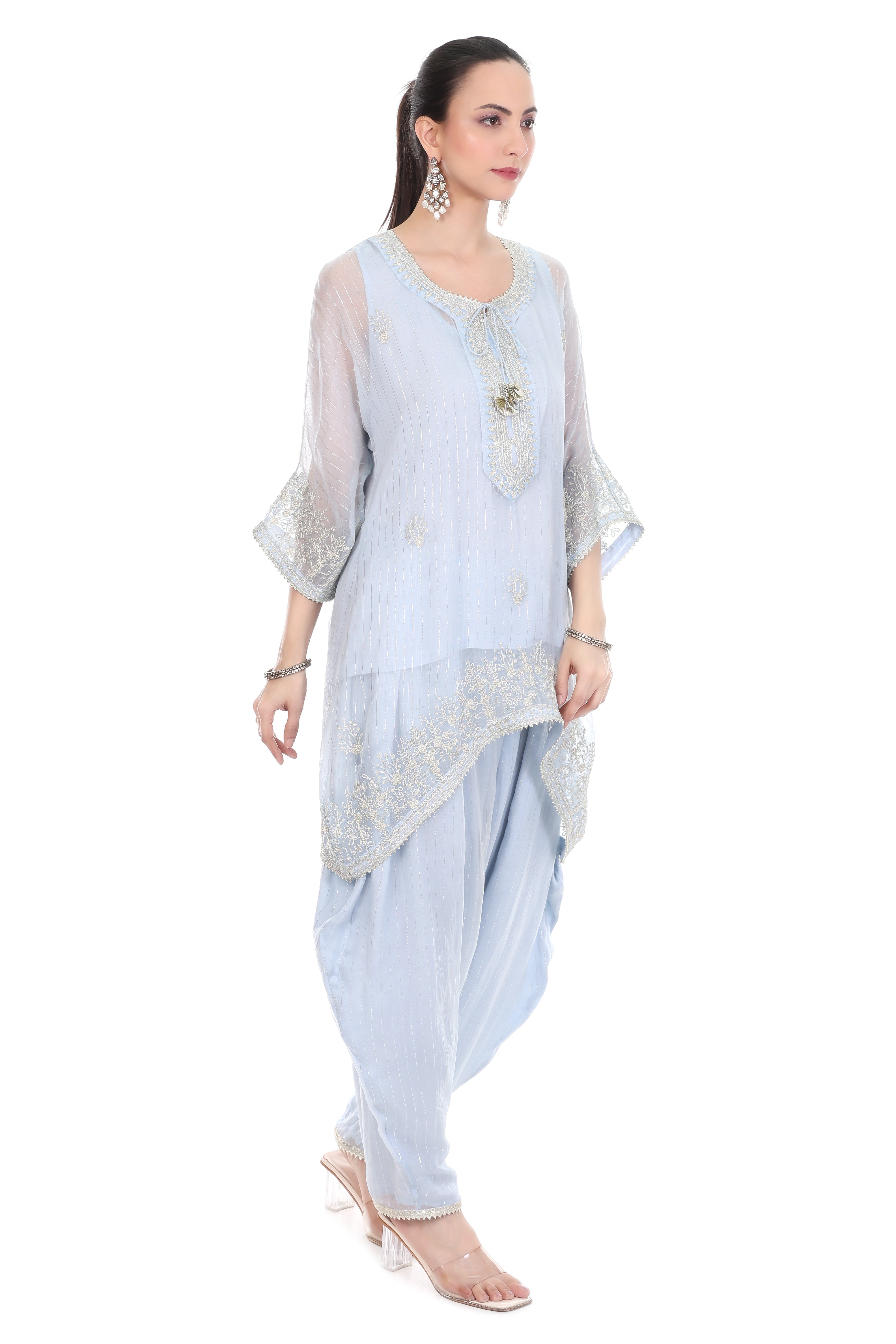 Blue Embroidered High Low Kaftaan with Heram Pants