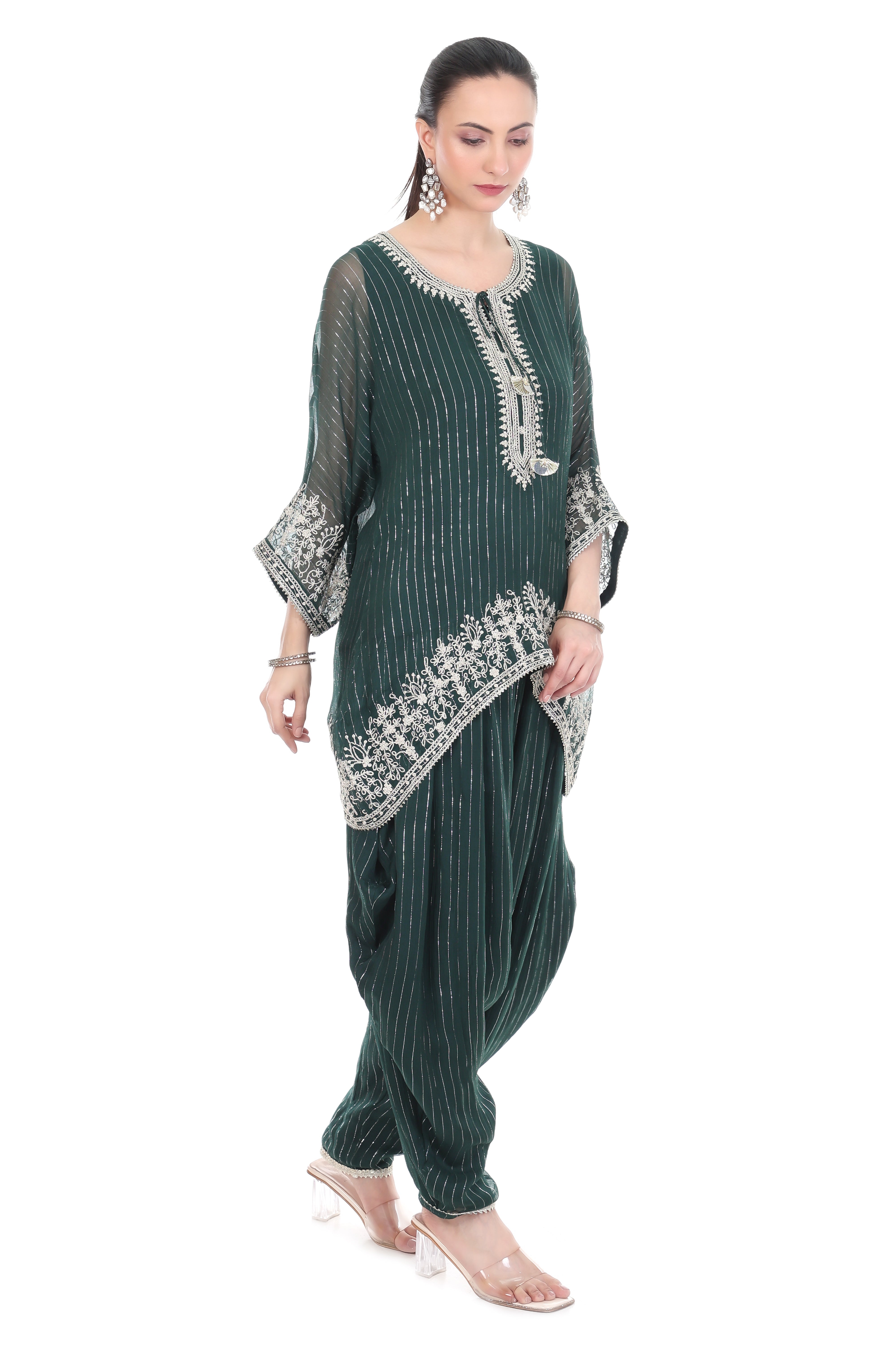 Green Embroidered High Low Kaftaan with Heram Pants