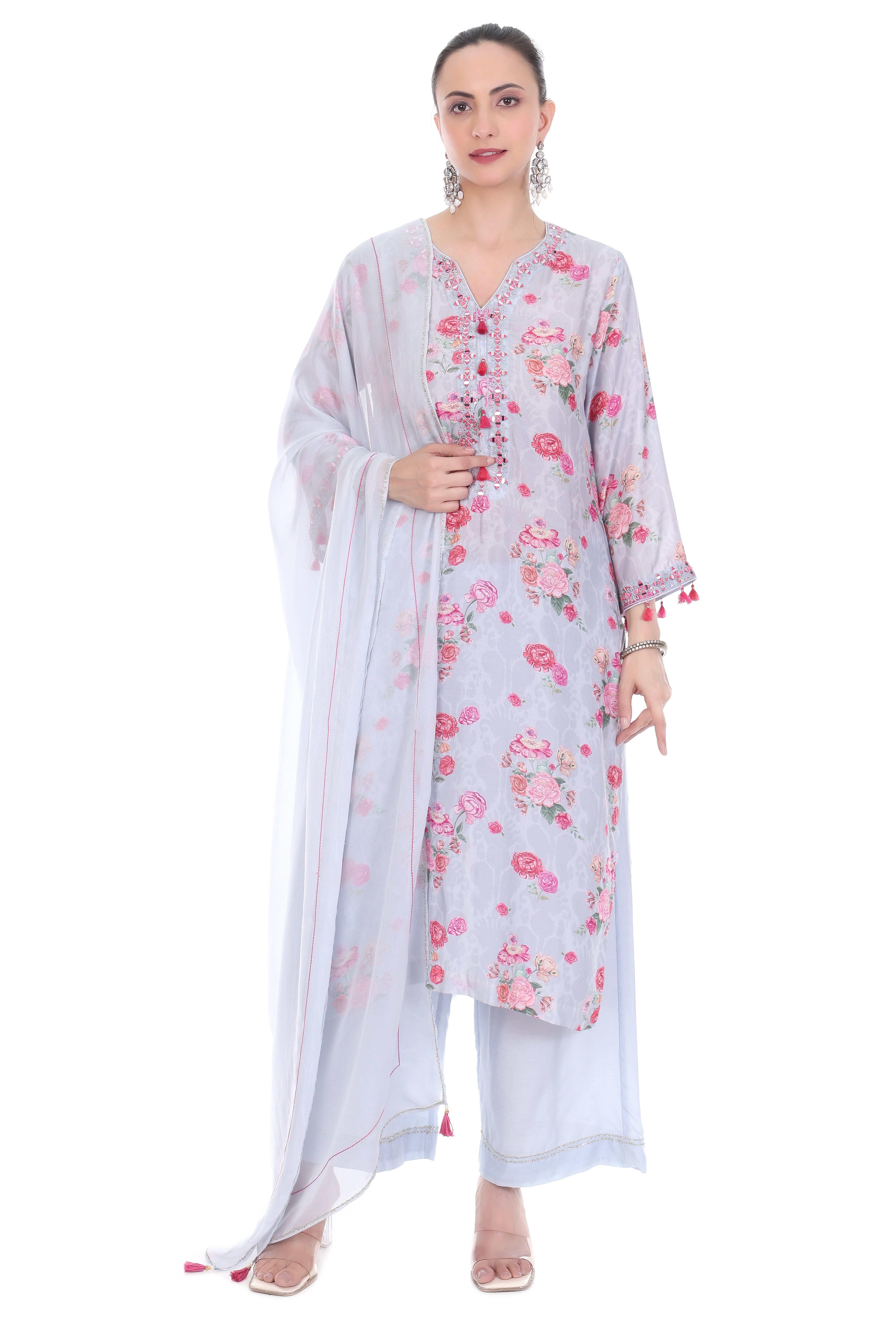 Blue Embroidered Floral Printed Kurta Set