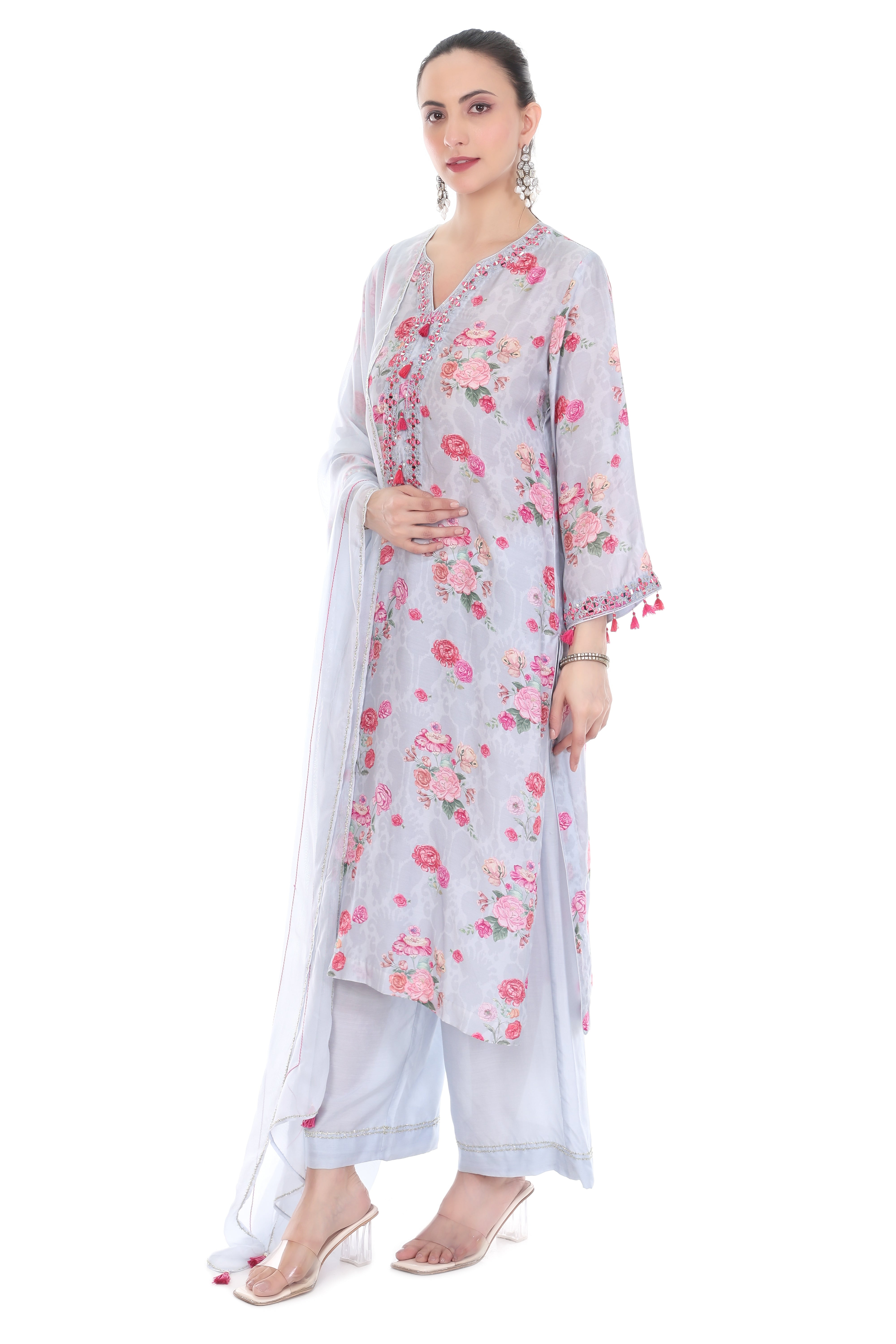 Blue Embroidered Floral Printed Kurta Set