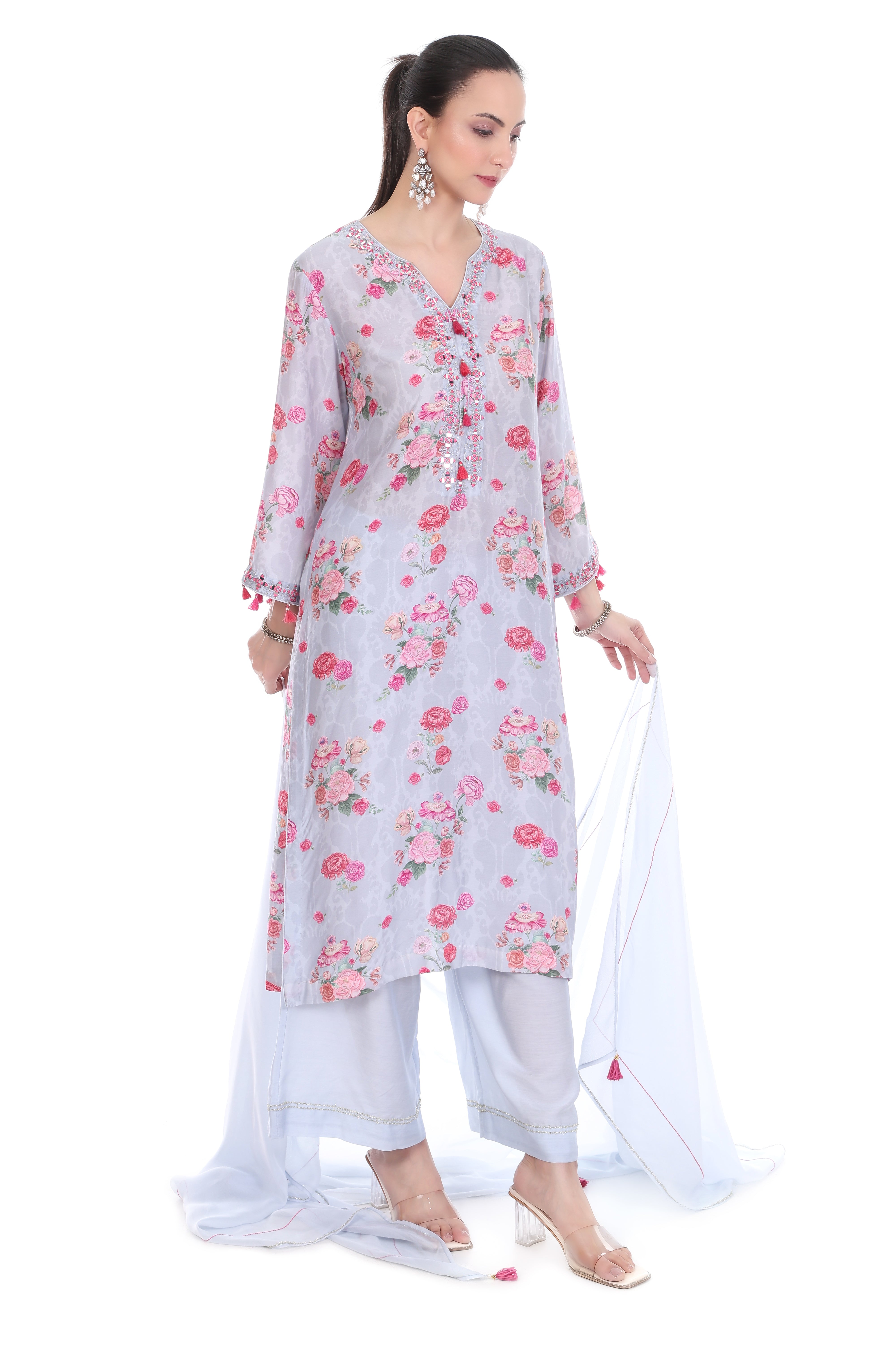 Blue Embroidered Floral Printed Kurta Set