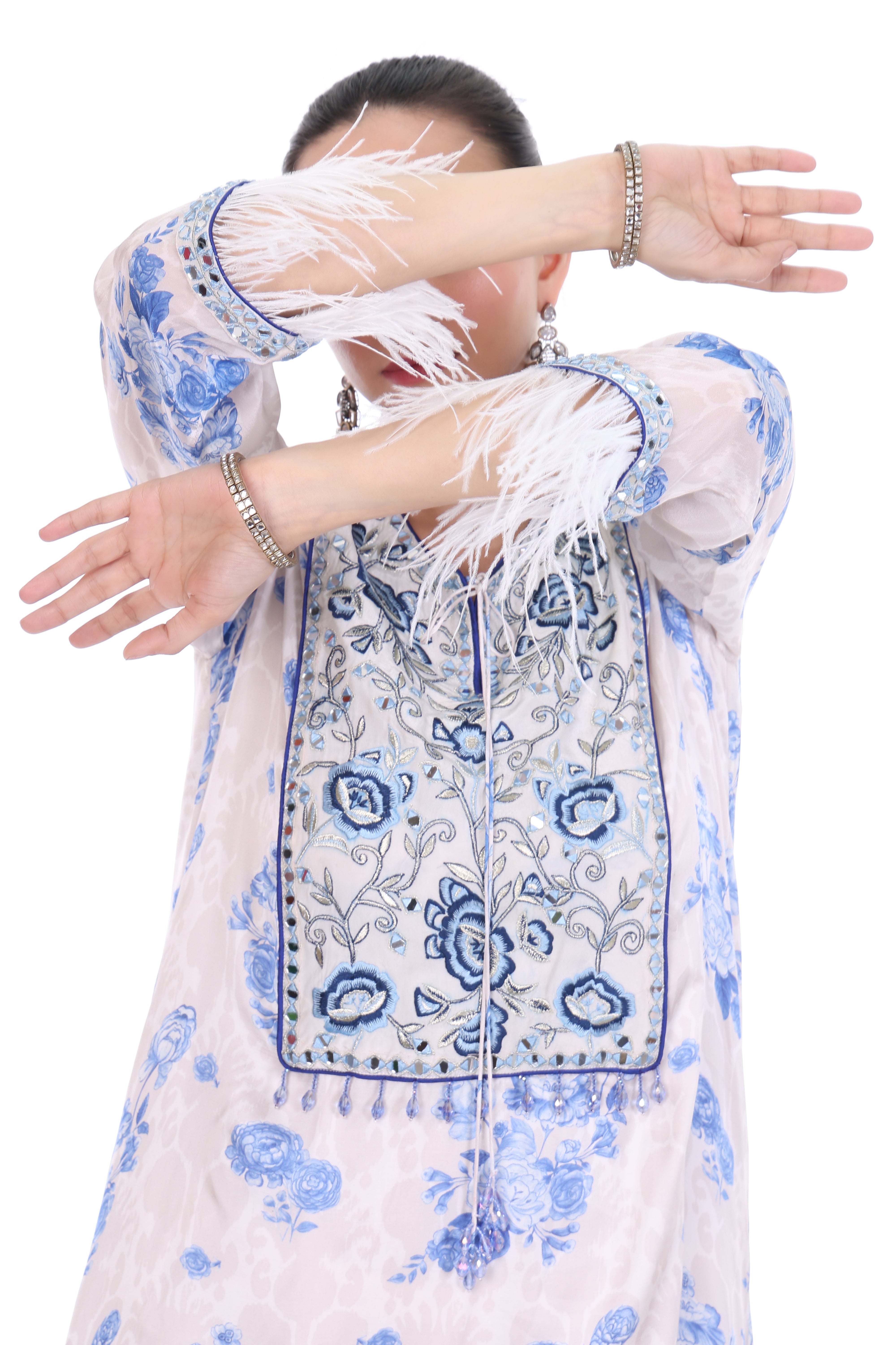 Blue White Floral Printed Embroidered Kaftaan with Pants Set
