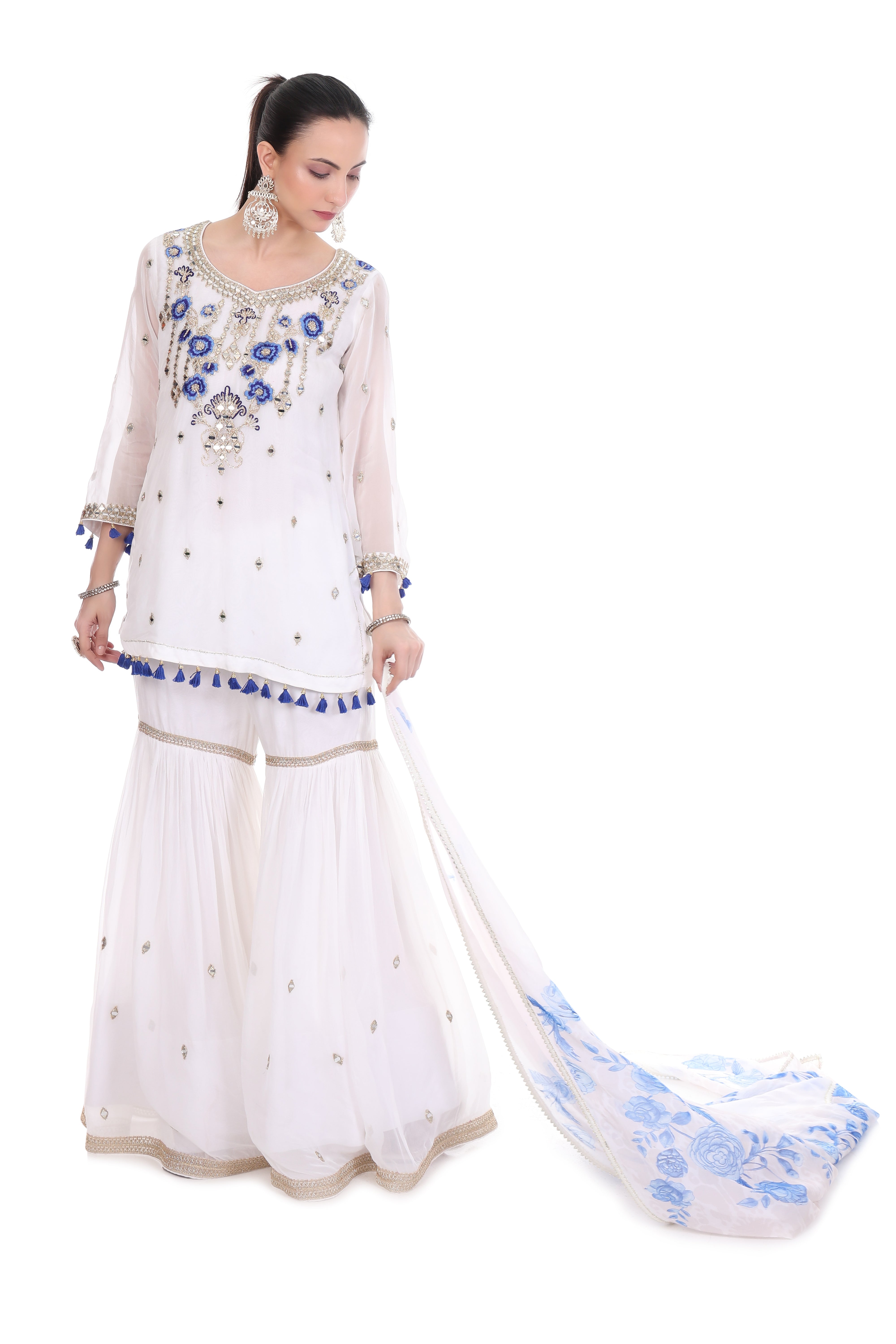 White Short Kurta Mirror Embroidered Sharara & Printed Dupatta