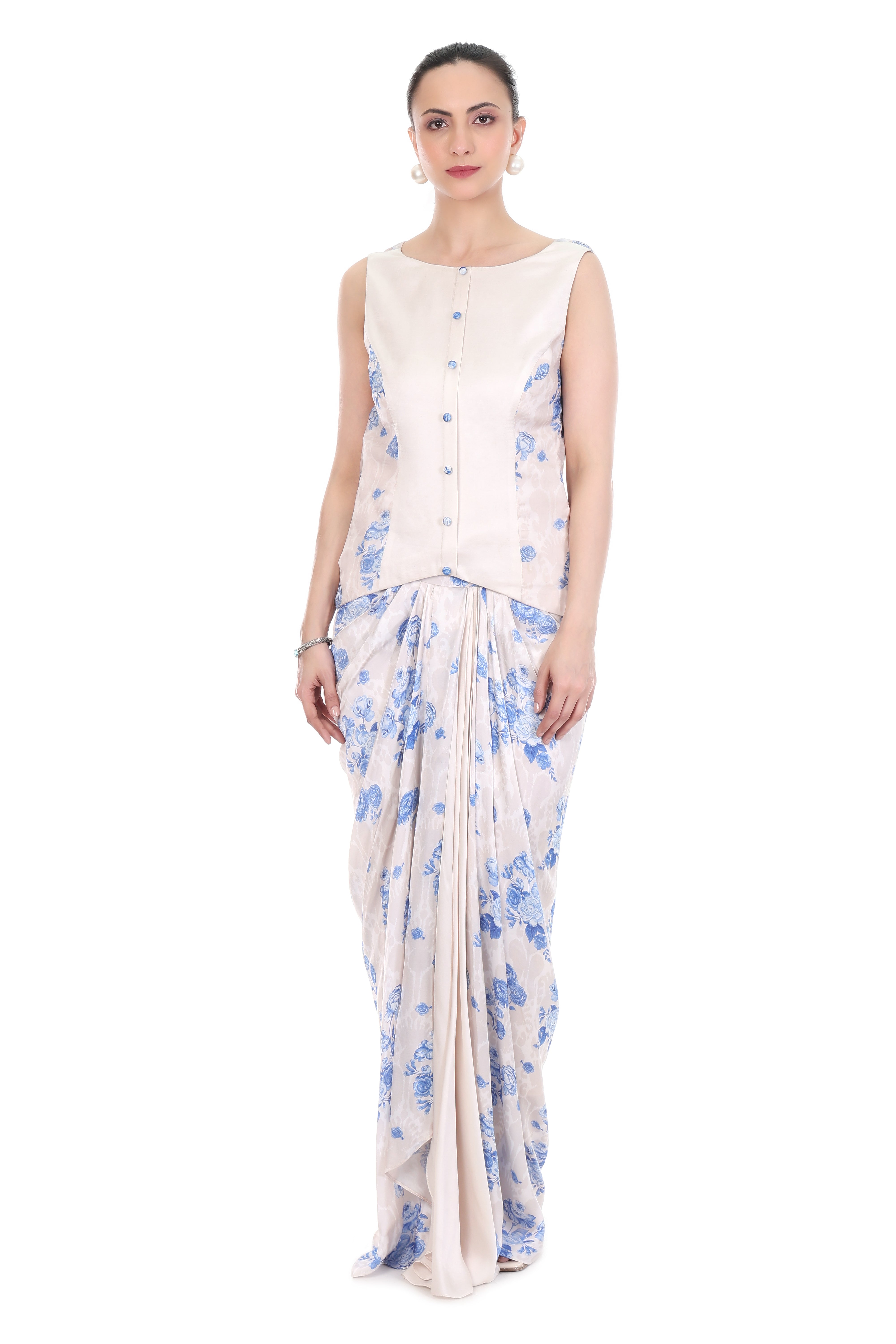 Blue White Floral Printed Cowl Back Top with Drape Skirt