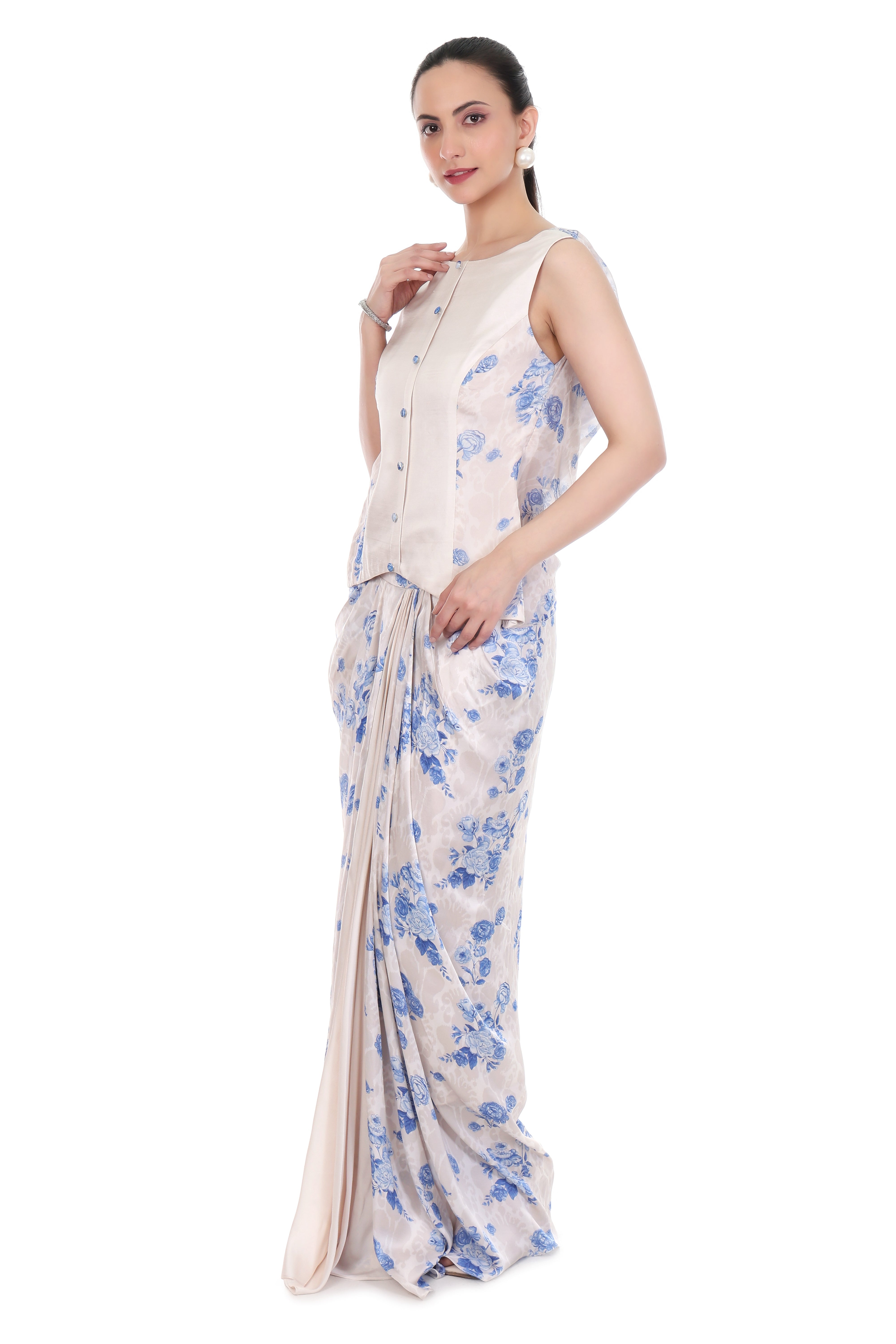 Blue White Floral Printed Cowl Back Top with Drape Skirt